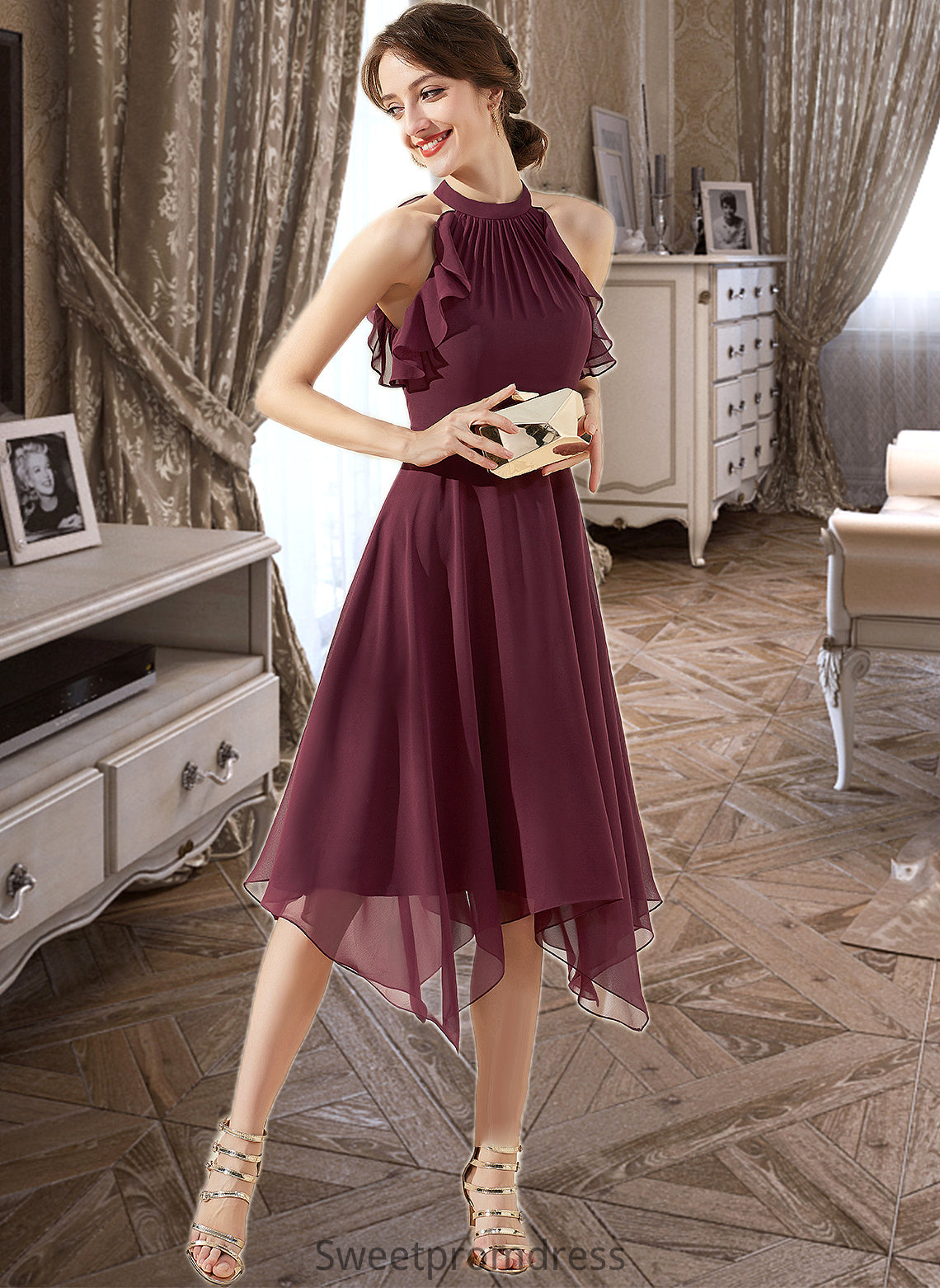 Catalina A-Line Scoop Neck Tea-Length Chiffon Bridesmaid Dress With Cascading Ruffles DHP0013016