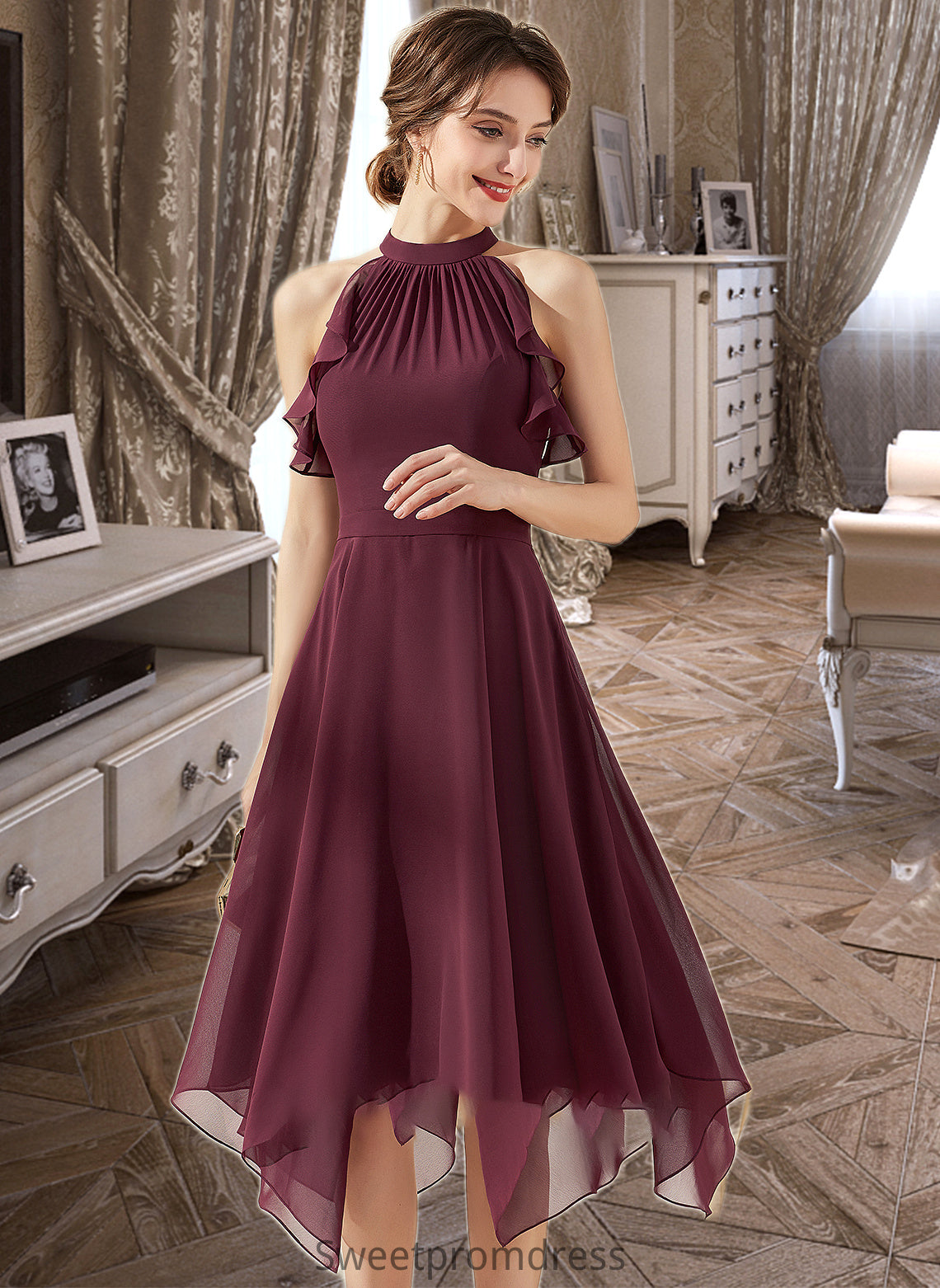 Catalina A-Line Scoop Neck Tea-Length Chiffon Bridesmaid Dress With Cascading Ruffles DHP0013016