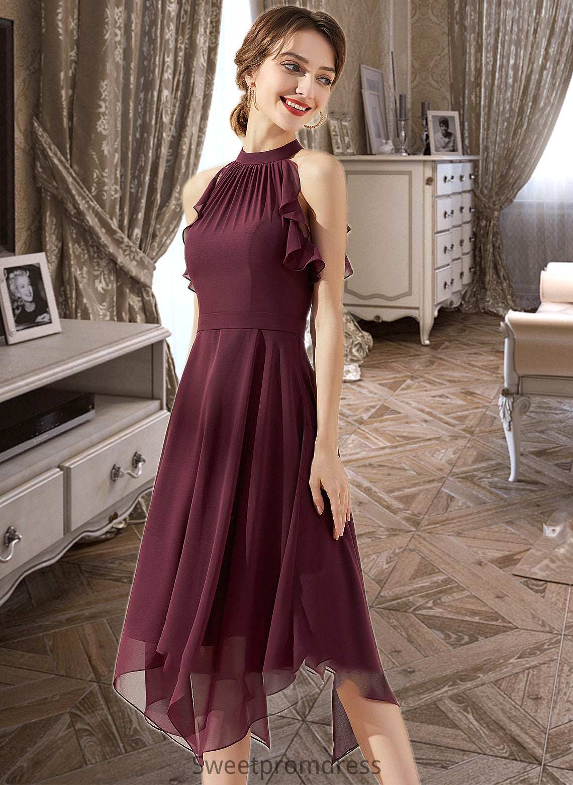 Catalina A-Line Scoop Neck Tea-Length Chiffon Bridesmaid Dress With Cascading Ruffles DHP0013016