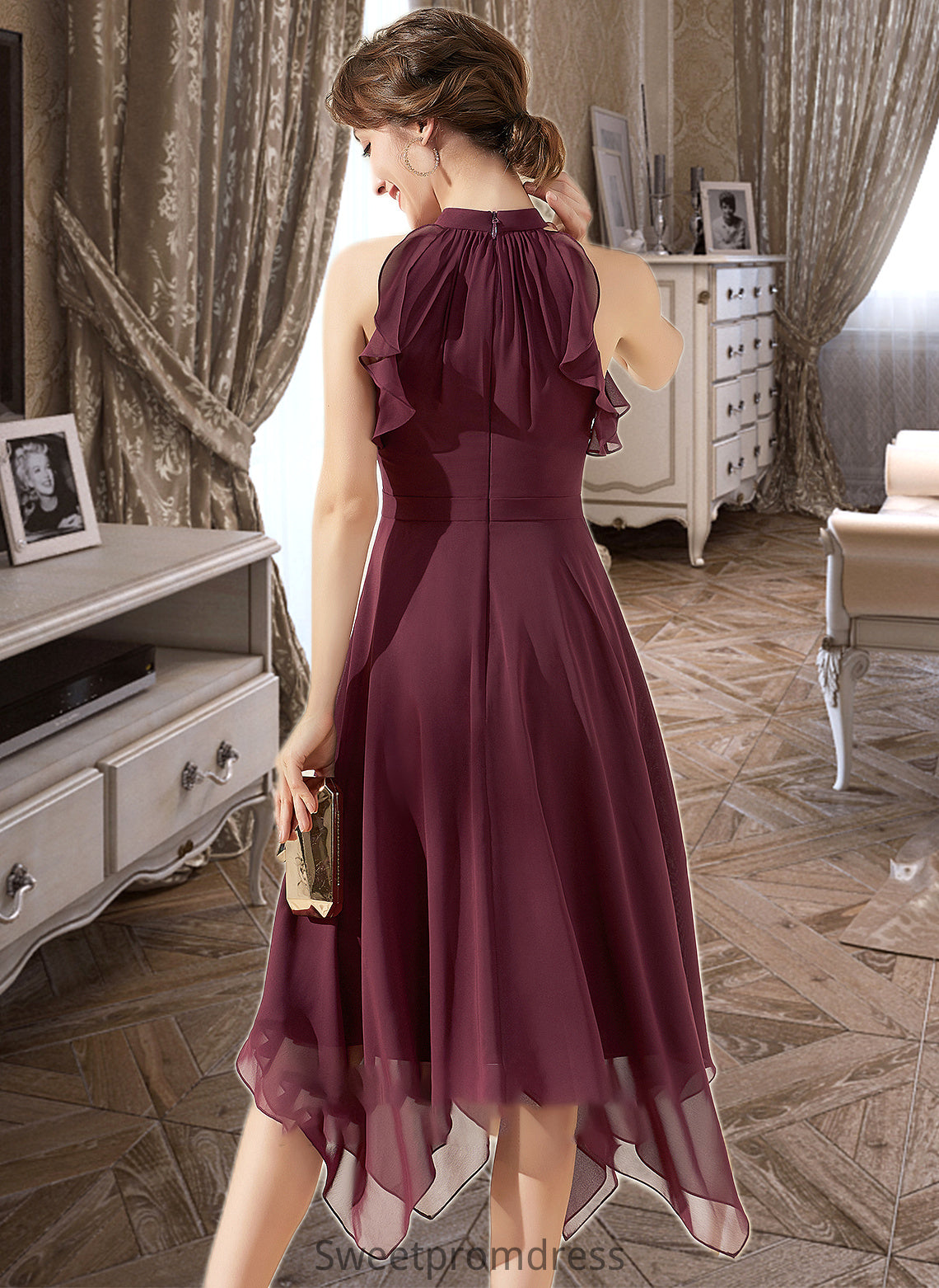 Catalina A-Line Scoop Neck Tea-Length Chiffon Bridesmaid Dress With Cascading Ruffles DHP0013016