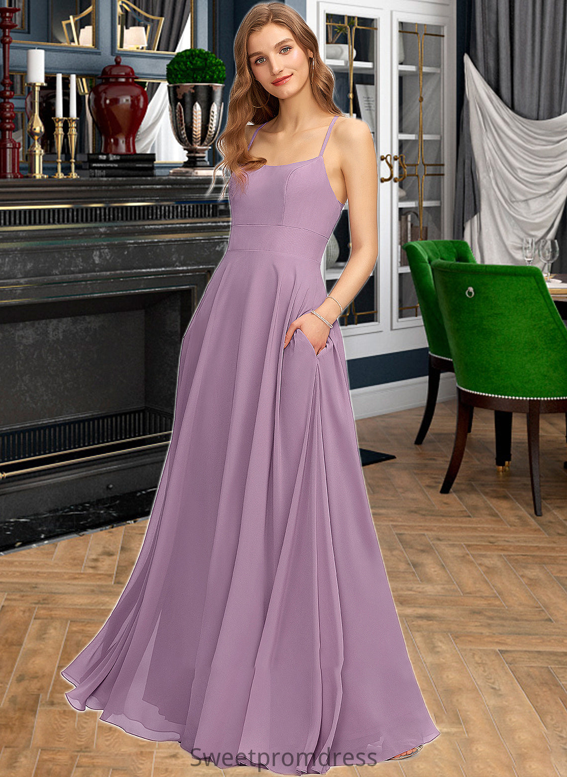 Silvia A-Line Scoop Neck Floor-Length Chiffon Bridesmaid Dress With Pockets DHP0013017