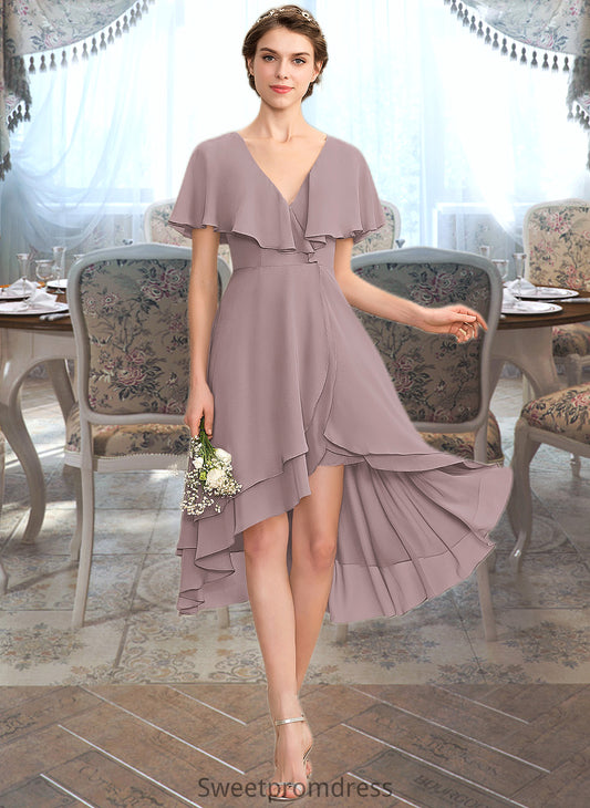 Jaslyn A-line V-Neck Asymmetrical Chiffon Bridesmaid Dress With Cascading Ruffles DHP0013019