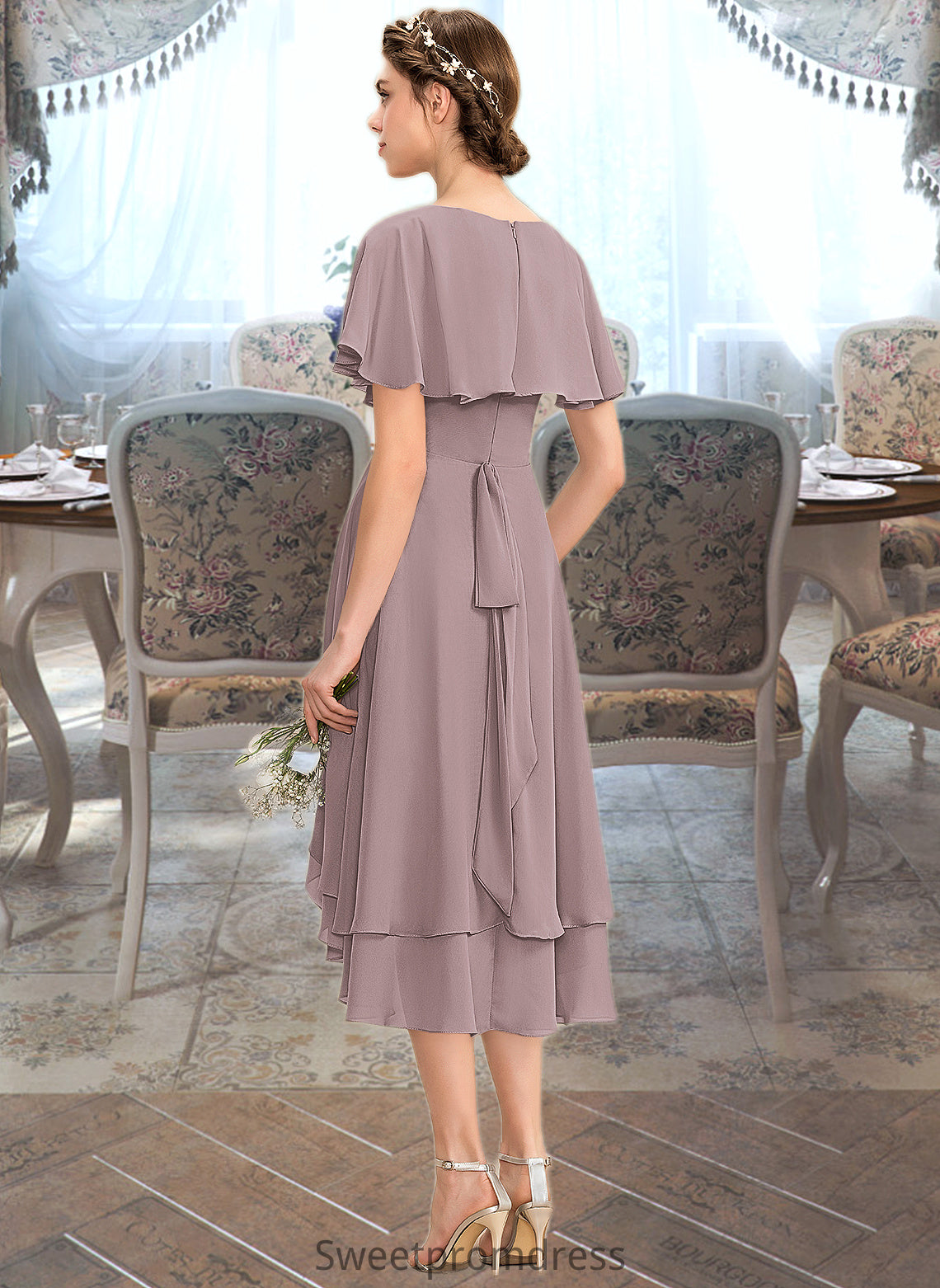 Jaslyn A-line V-Neck Asymmetrical Chiffon Bridesmaid Dress With Cascading Ruffles DHP0013019