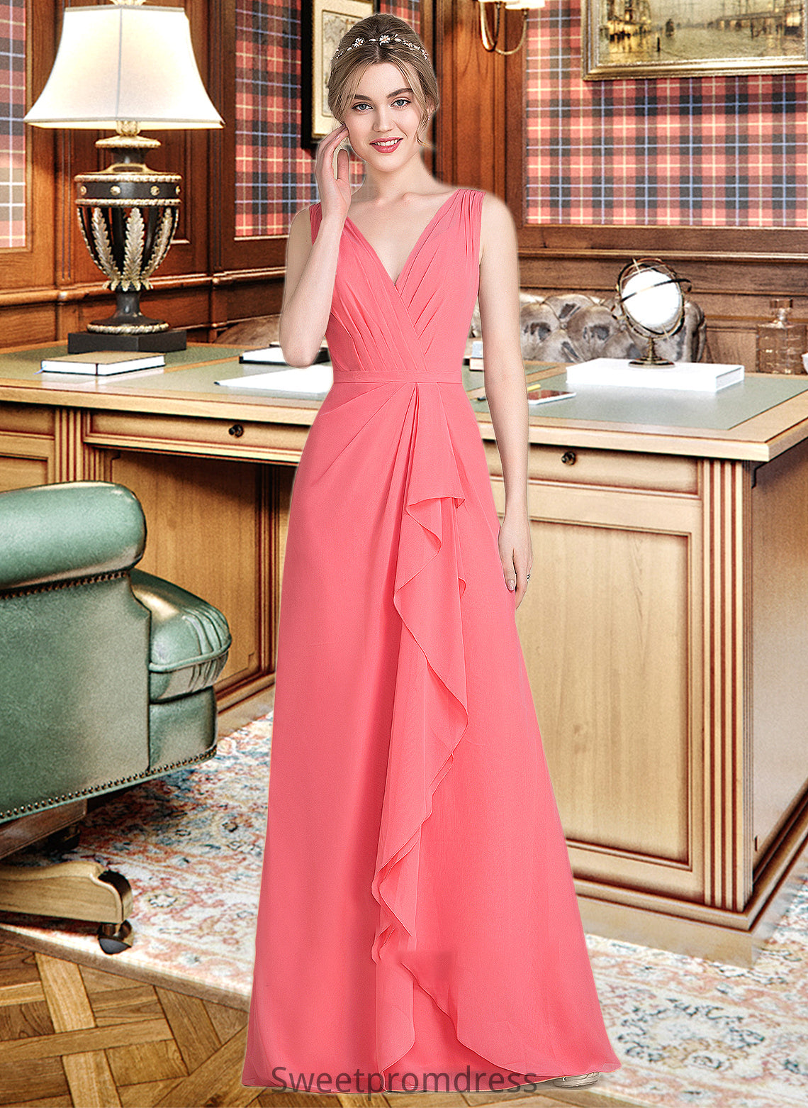 Julie A-line V-Neck Floor-Length Chiffon Bridesmaid Dress With Cascading Ruffles DHP0013021