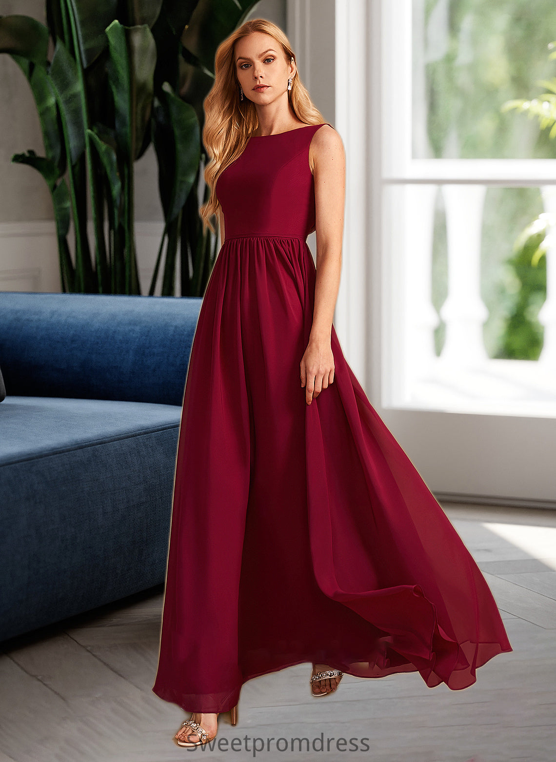 Ruth A-Line High Neck Floor-Length Bridesmaid Dress With Bow(s) DHP0013022