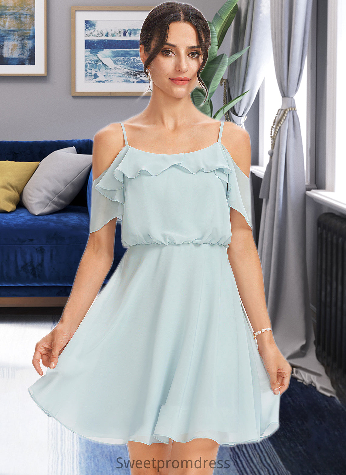 Anika A-Line V-neck Short/Mini Bridesmaid Dress With Cascading Ruffles DHP0013023