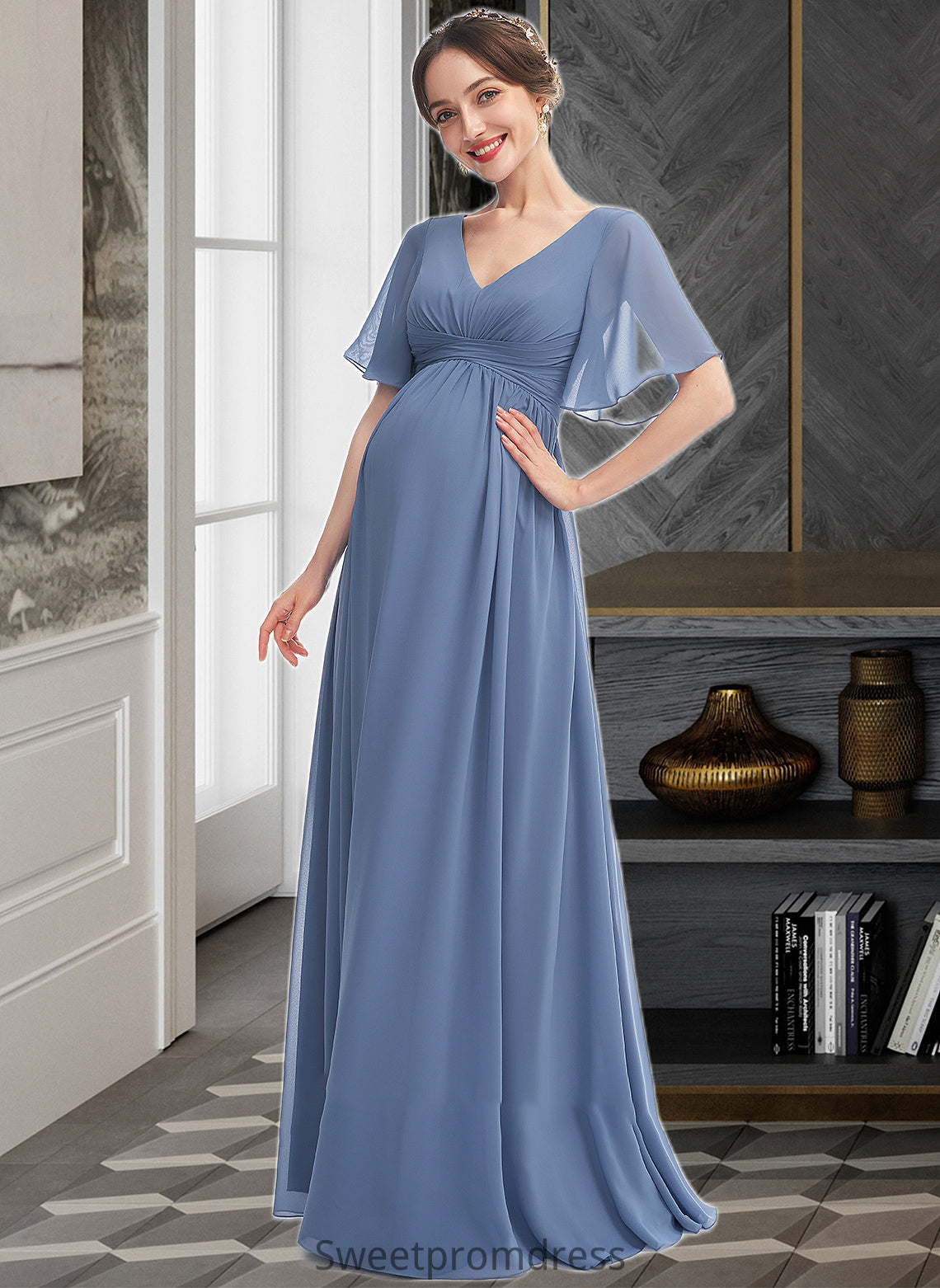 Kiersten A-Line V-neck Floor-Length Bridesmaid Dress With Ruffle DHP0013024