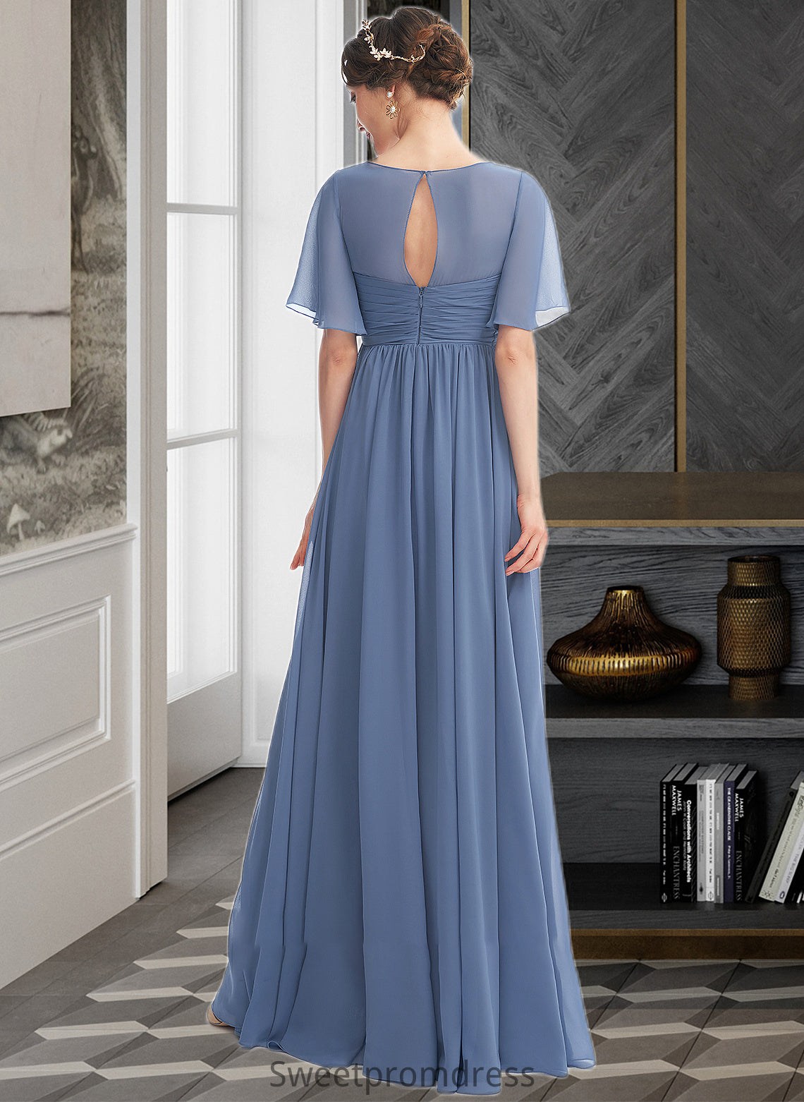 Kiersten A-Line V-neck Floor-Length Bridesmaid Dress With Ruffle DHP0013024