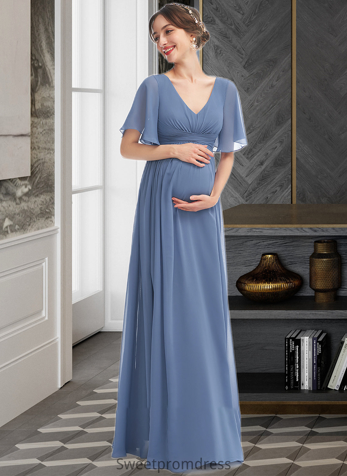 Kiersten A-Line V-neck Floor-Length Bridesmaid Dress With Ruffle DHP0013024