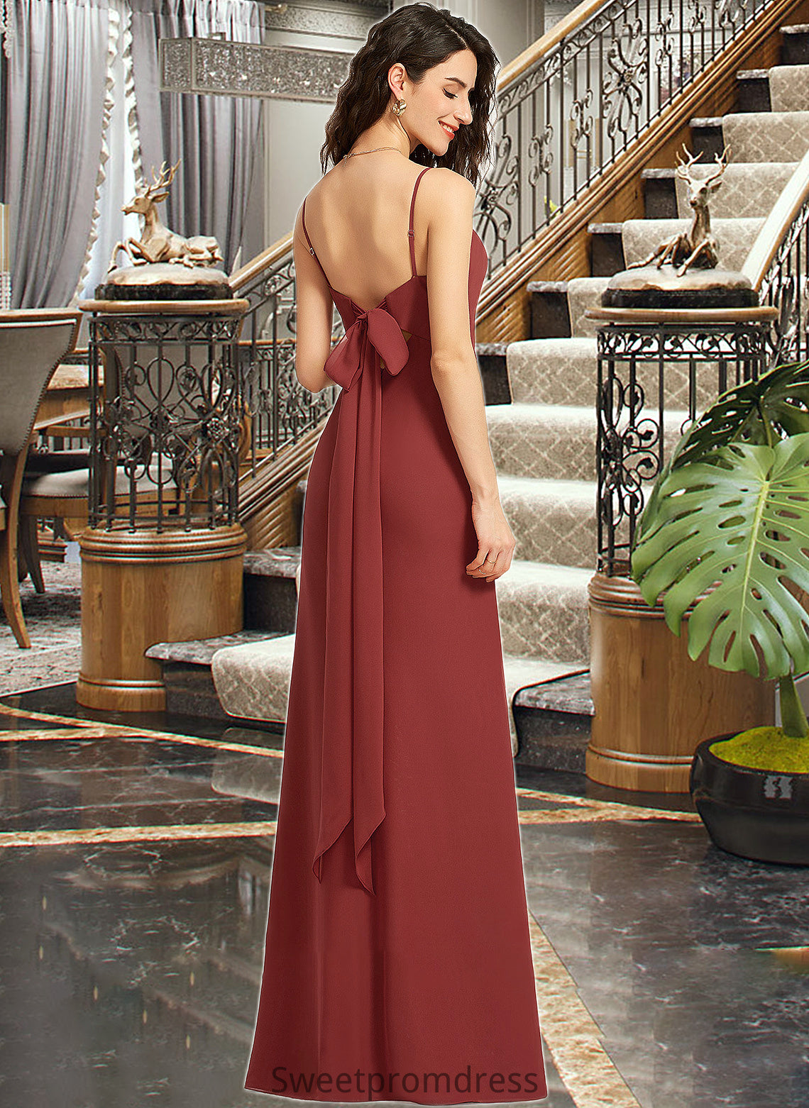 Leanna Sheath/Column Square Neckline Floor-Length Bridesmaid Dress With Split Front DHP0013026