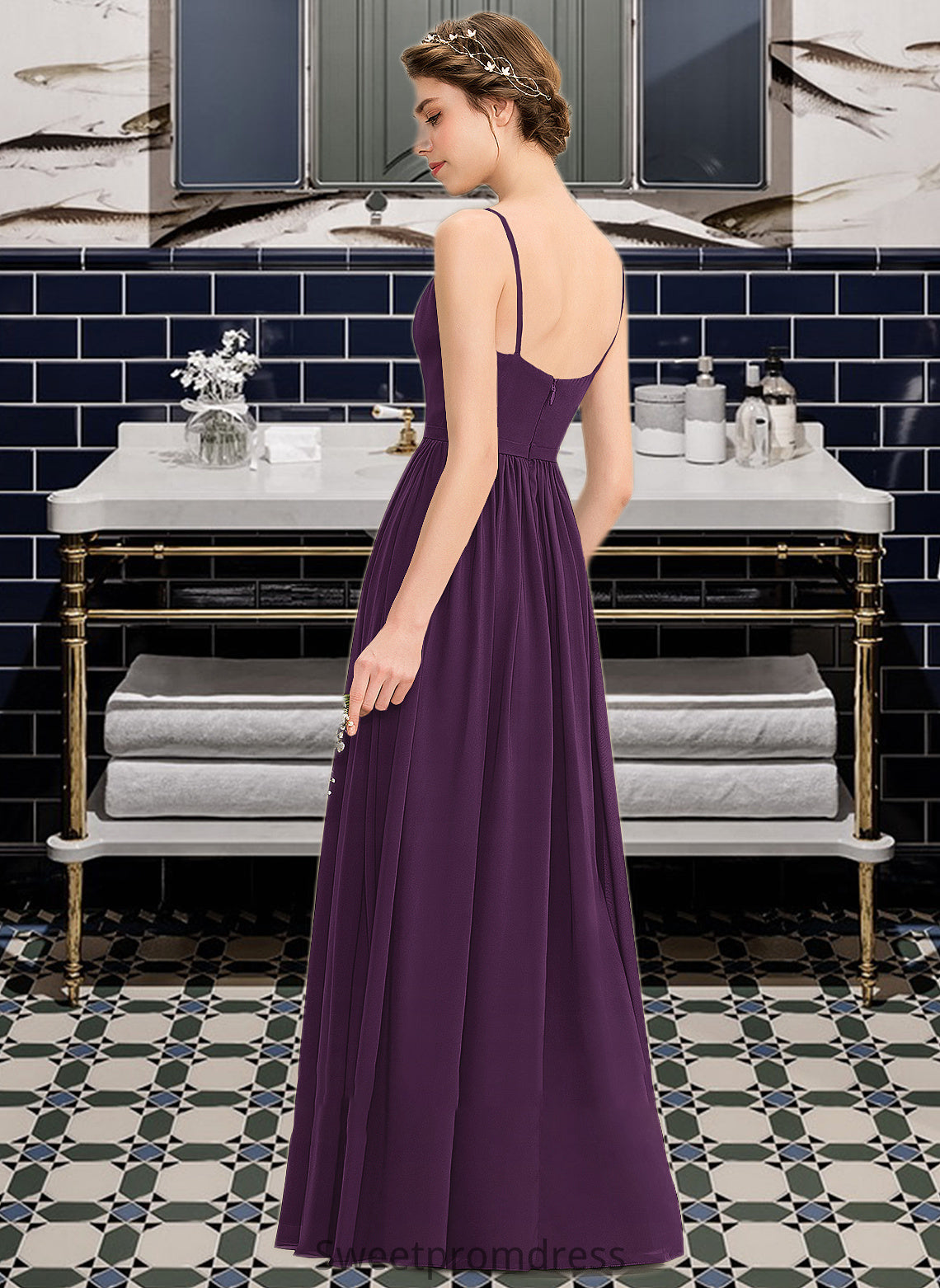 Damaris A-Line V-neck Floor-Length Chiffon Bridesmaid Dress With Beading Sequins Split Front Pockets DHP0013028