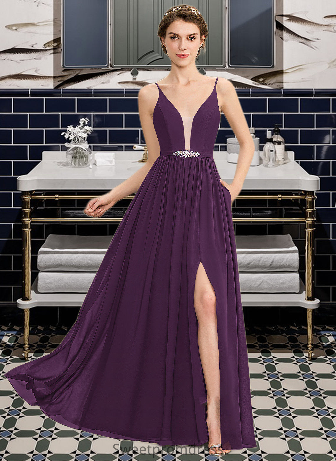 Damaris A-Line V-neck Floor-Length Chiffon Bridesmaid Dress With Beading Sequins Split Front Pockets DHP0013028