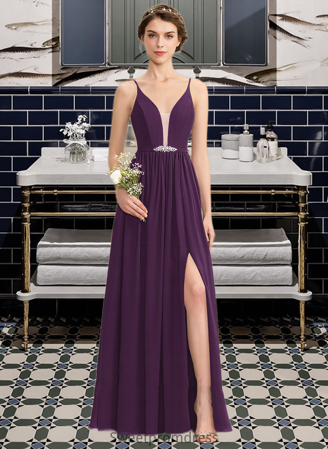 Damaris A-Line V-neck Floor-Length Chiffon Bridesmaid Dress With Beading Sequins Split Front Pockets DHP0013028