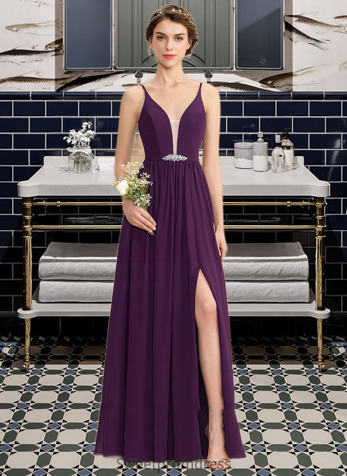 Damaris A-Line V-neck Floor-Length Chiffon Bridesmaid Dress With Beading Sequins Split Front Pockets DHP0013028