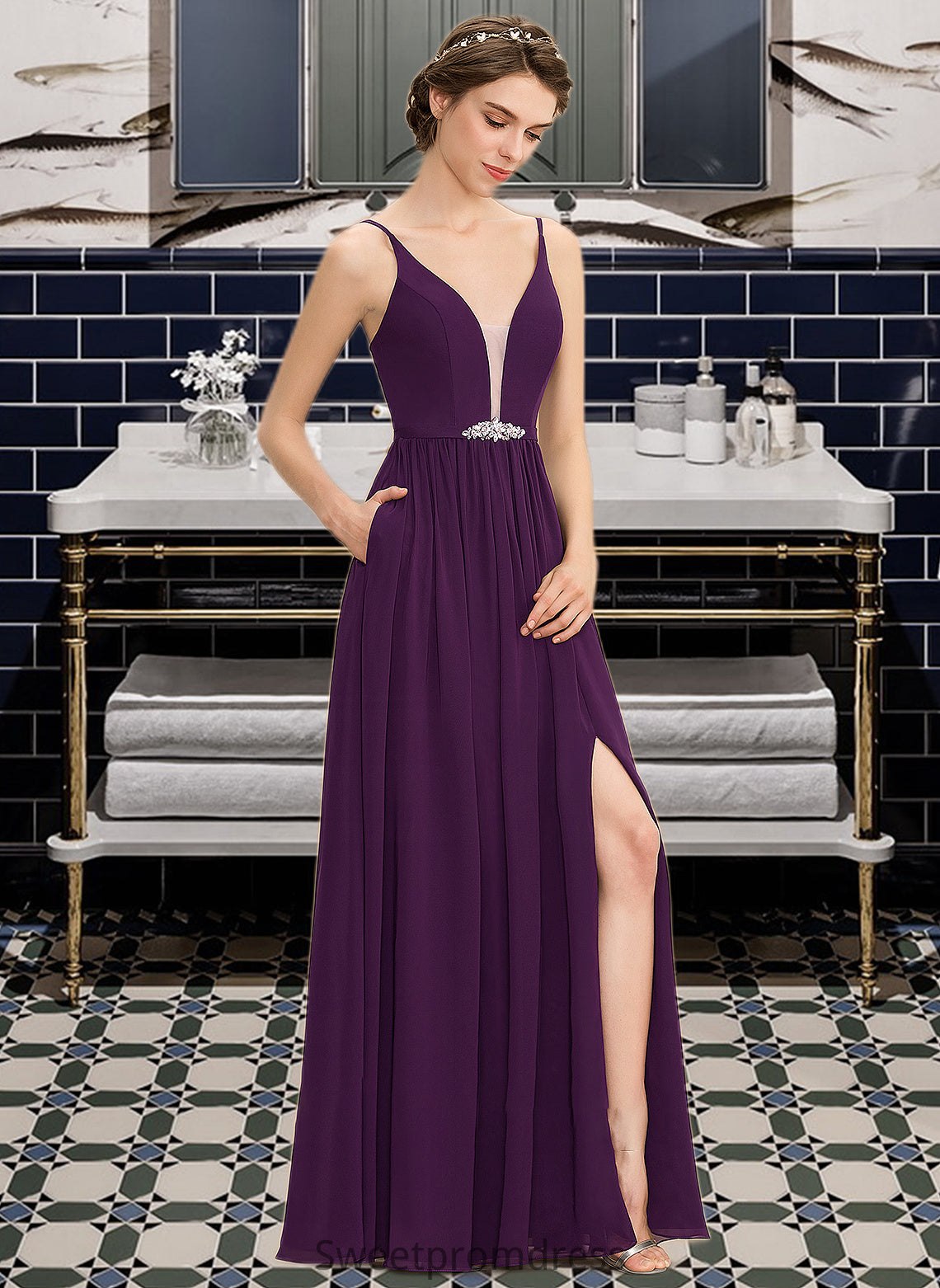 Damaris A-Line V-neck Floor-Length Chiffon Bridesmaid Dress With Beading Sequins Split Front Pockets DHP0013028