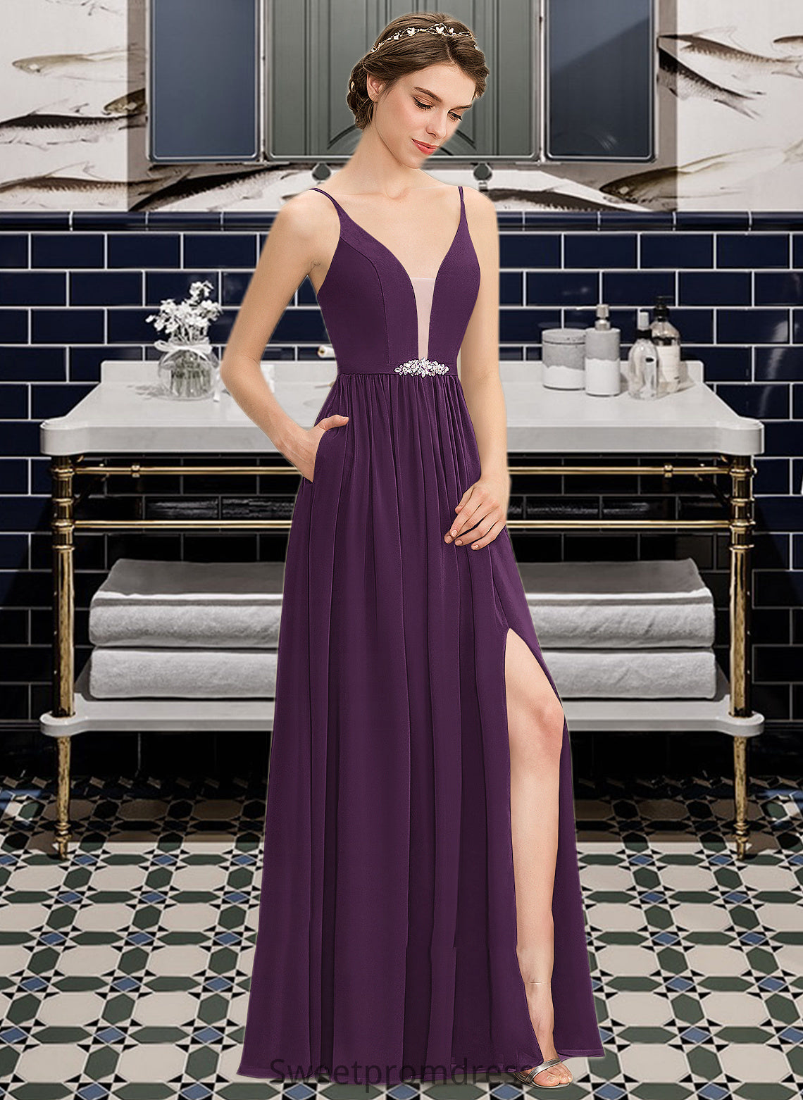 Damaris A-Line V-neck Floor-Length Chiffon Bridesmaid Dress With Beading Sequins Split Front Pockets DHP0013028