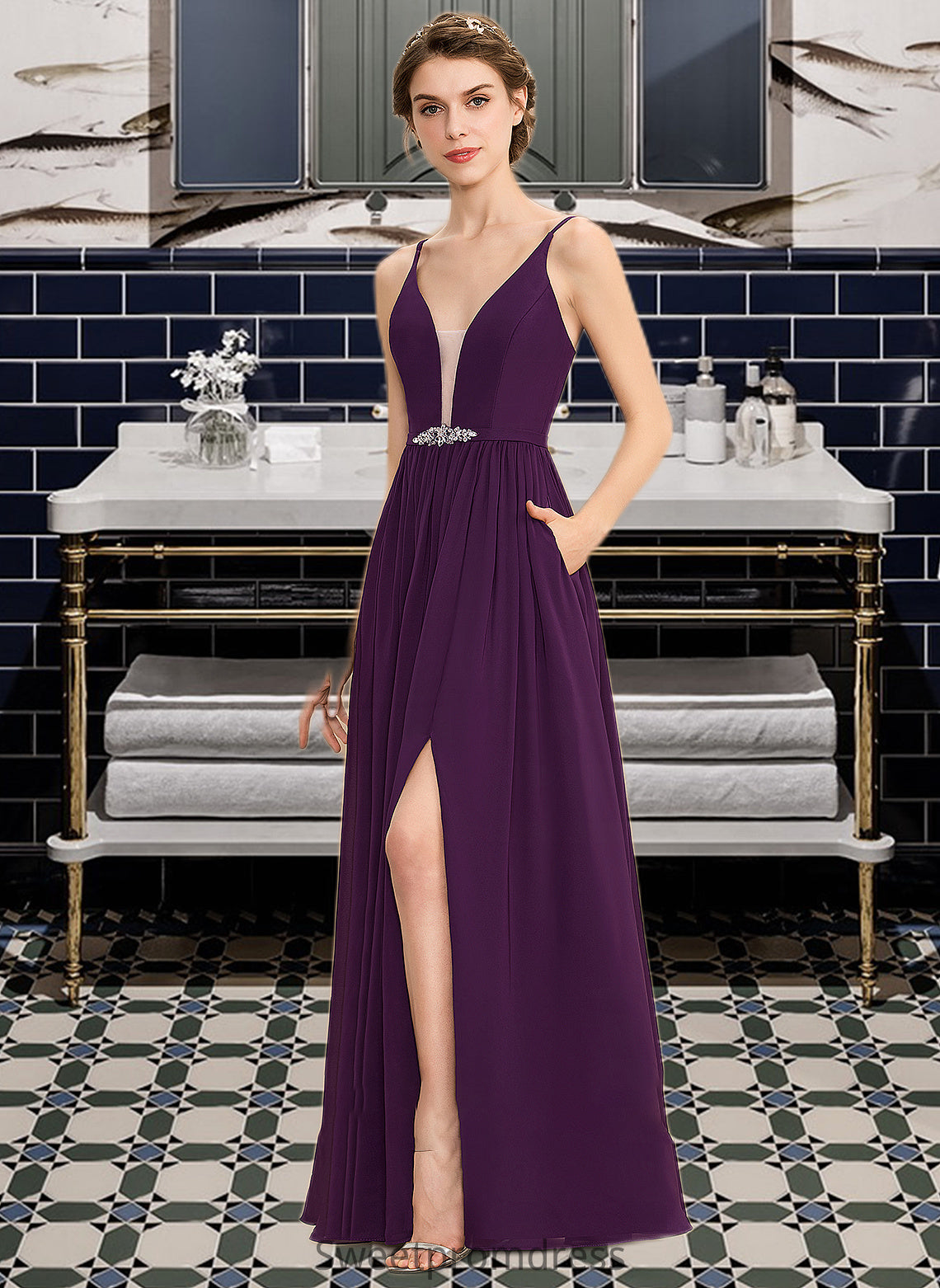 Damaris A-Line V-neck Floor-Length Chiffon Bridesmaid Dress With Beading Sequins Split Front Pockets DHP0013028