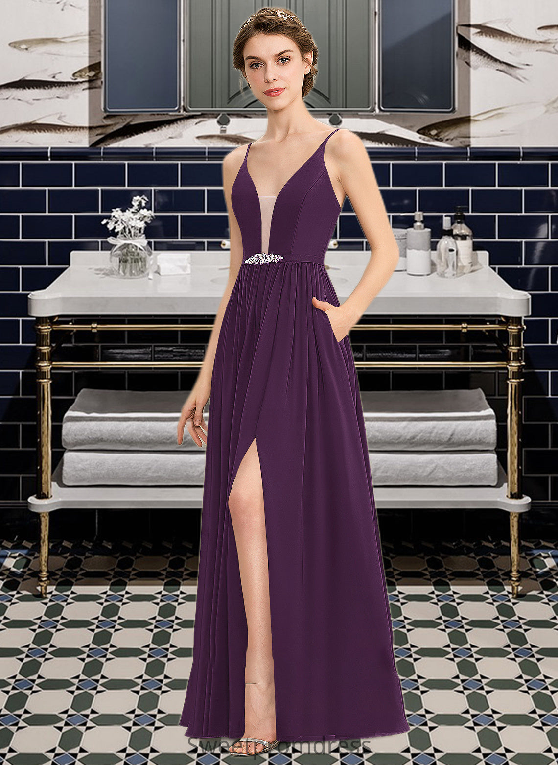 Damaris A-Line V-neck Floor-Length Chiffon Bridesmaid Dress With Beading Sequins Split Front Pockets DHP0013028