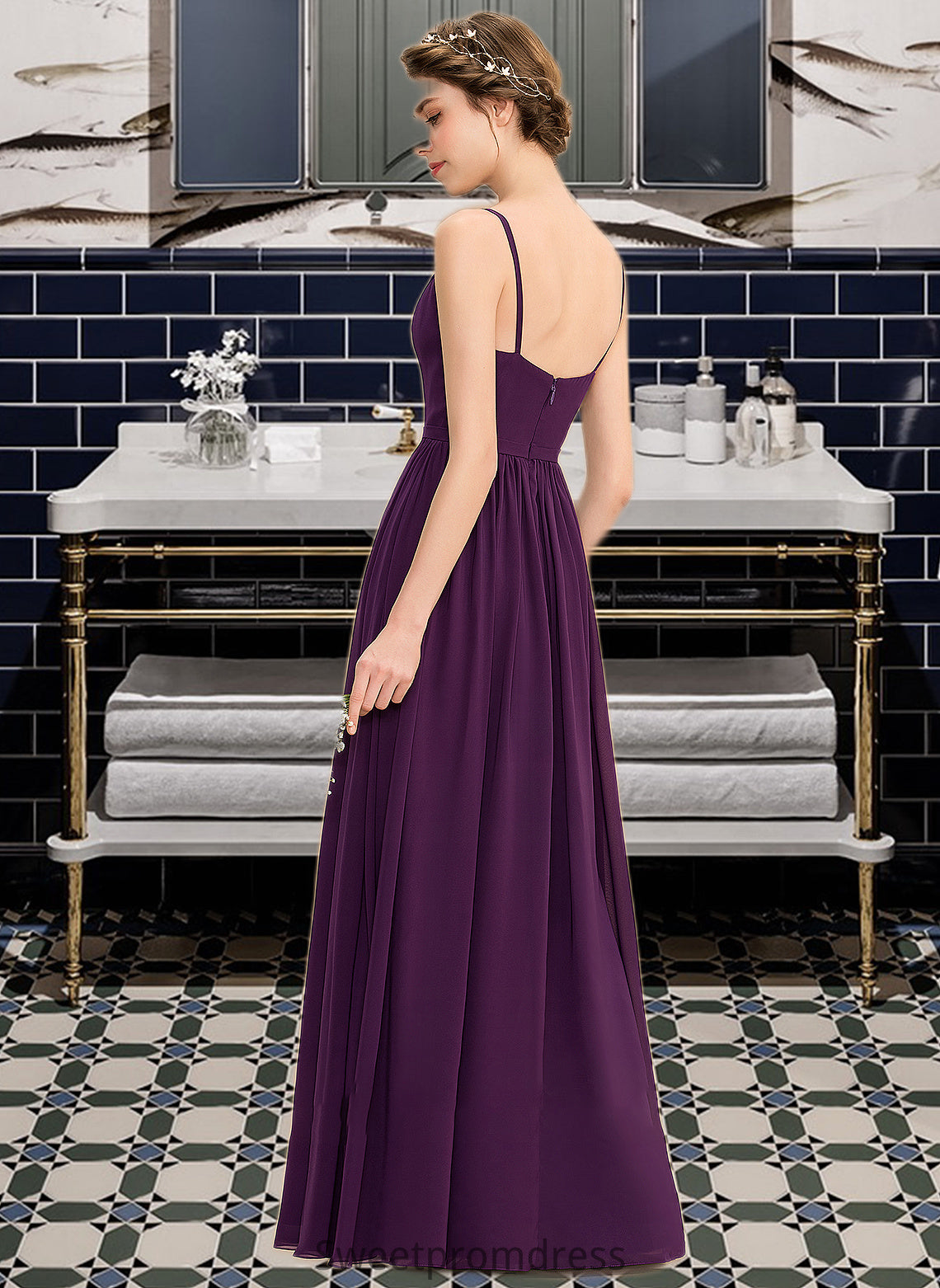 Damaris A-Line V-neck Floor-Length Chiffon Bridesmaid Dress With Beading Sequins Split Front Pockets DHP0013028