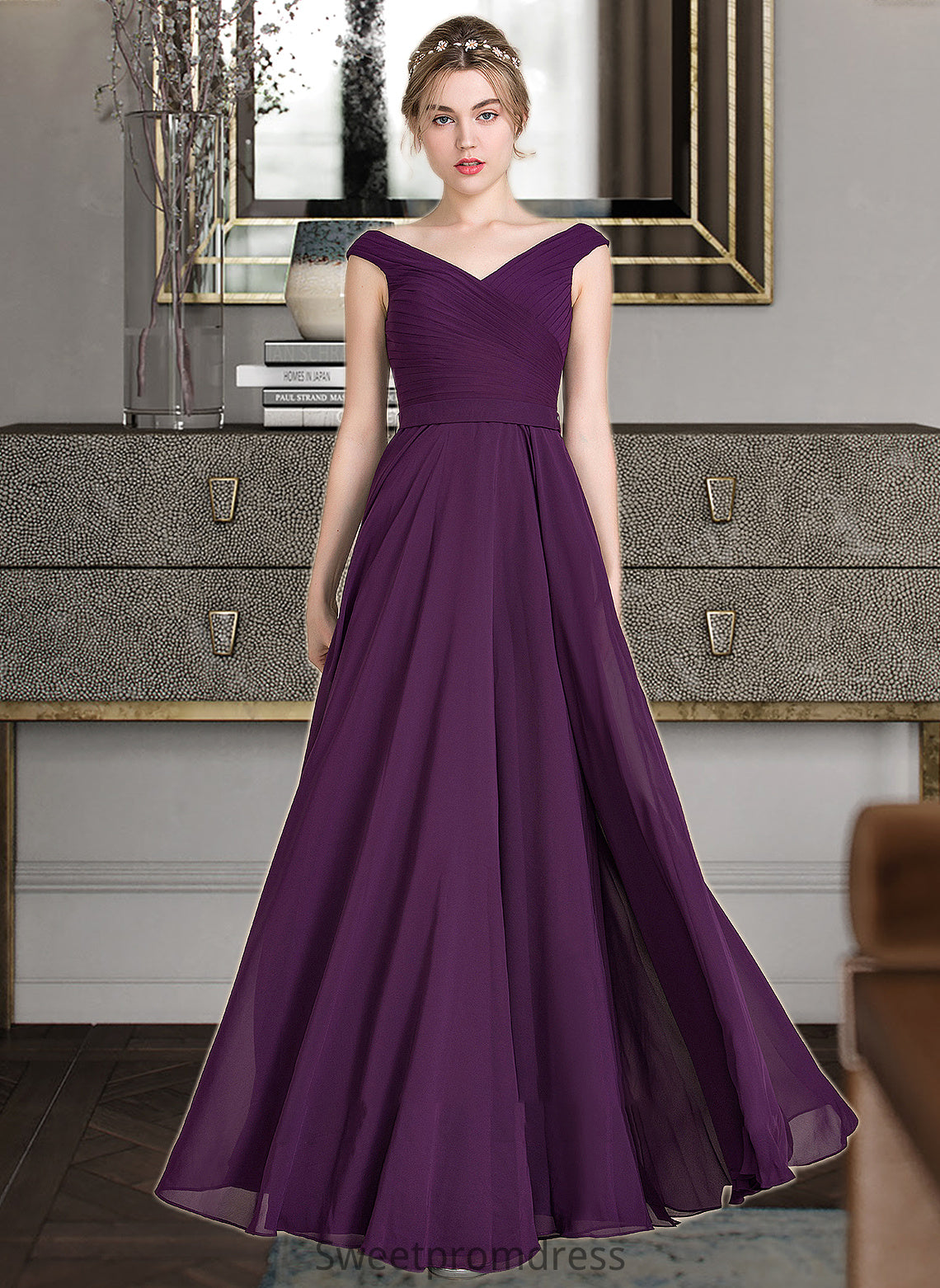 Dahlia A-line Off the Shoulder Floor-Length Chiffon Bridesmaid Dress With Ruffle DHP0013029