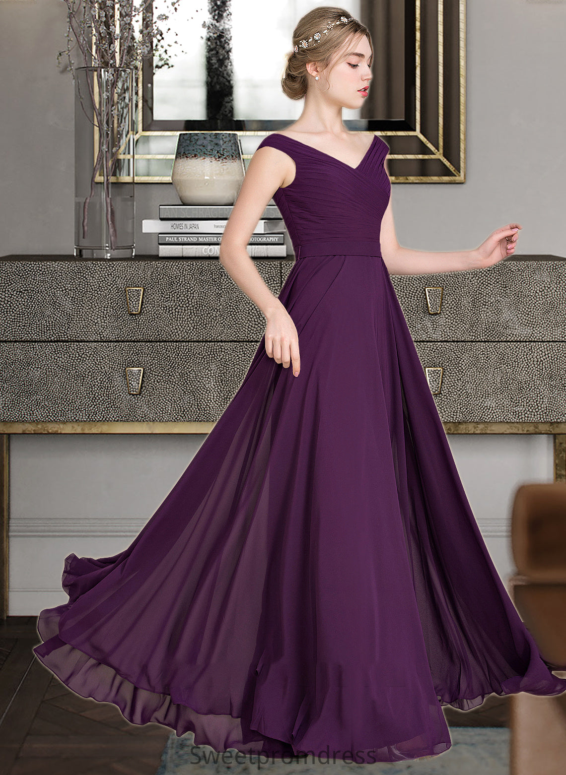 Dahlia A-line Off the Shoulder Floor-Length Chiffon Bridesmaid Dress With Ruffle DHP0013029