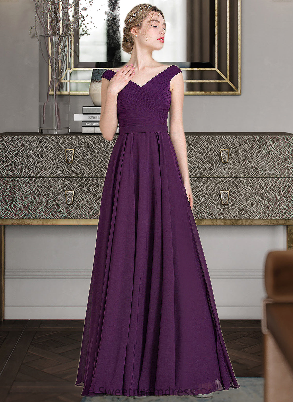 Dahlia A-line Off the Shoulder Floor-Length Chiffon Bridesmaid Dress With Ruffle DHP0013029