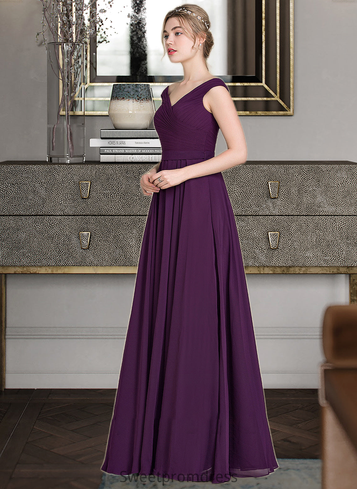 Dahlia A-line Off the Shoulder Floor-Length Chiffon Bridesmaid Dress With Ruffle DHP0013029