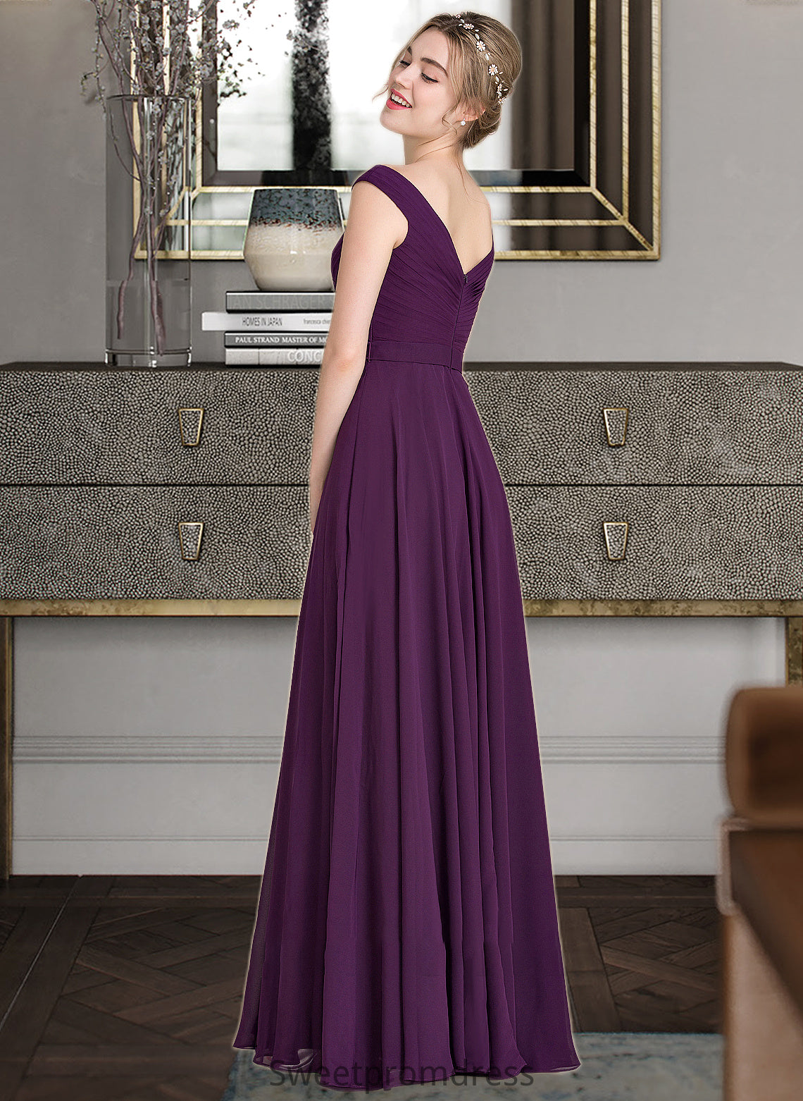 Dahlia A-line Off the Shoulder Floor-Length Chiffon Bridesmaid Dress With Ruffle DHP0013029