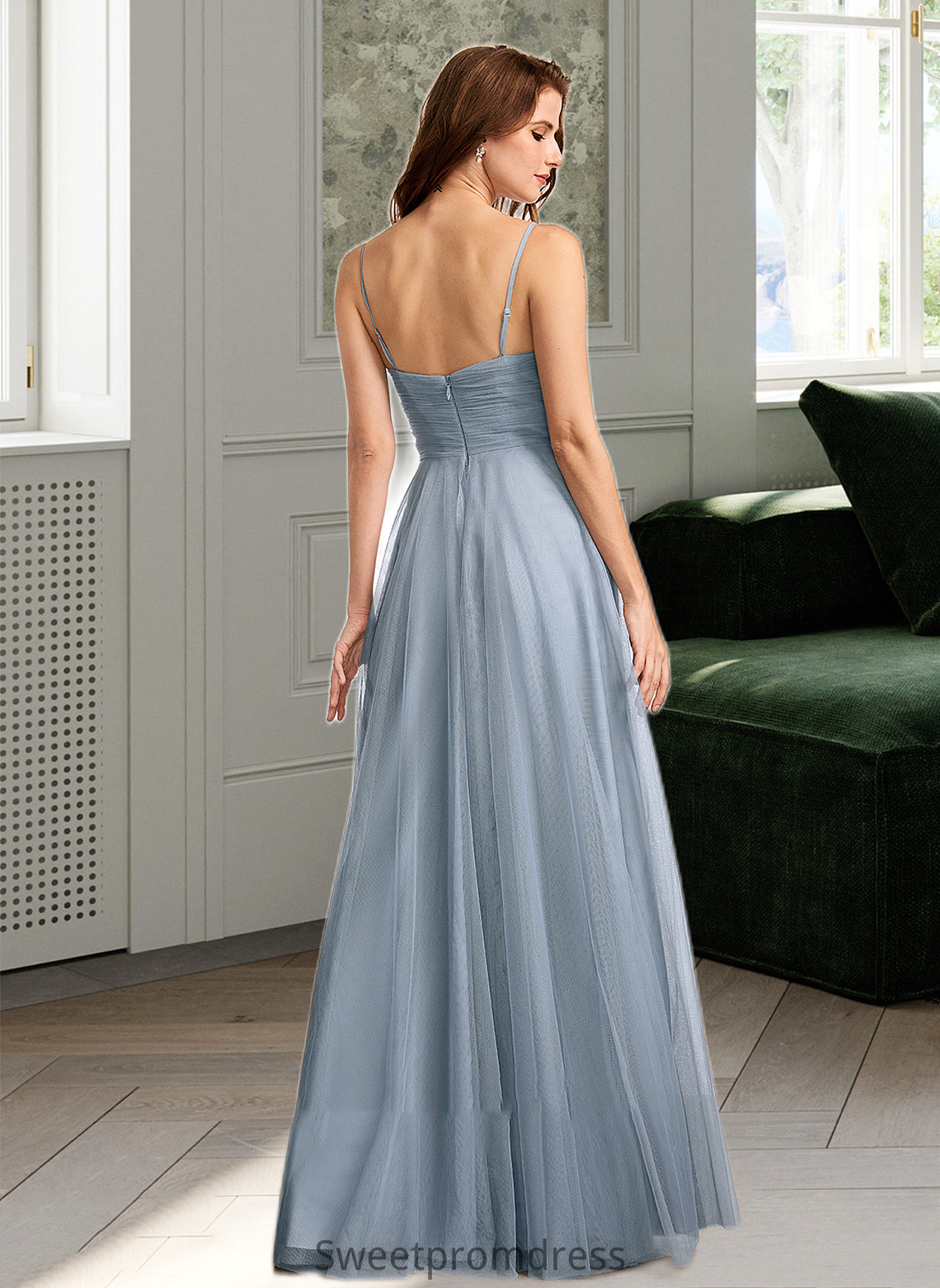 Emmalee A-Line V-neck Floor-Length Bridesmaid Dress With Lace DHP0013030