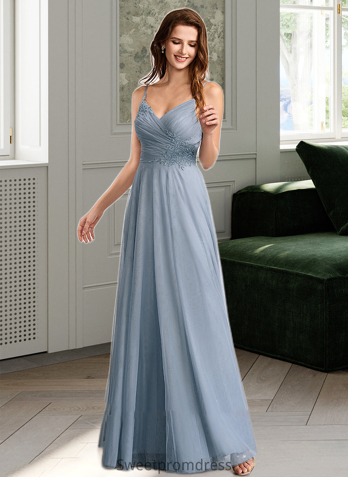 Emmalee A-Line V-neck Floor-Length Bridesmaid Dress With Lace DHP0013030