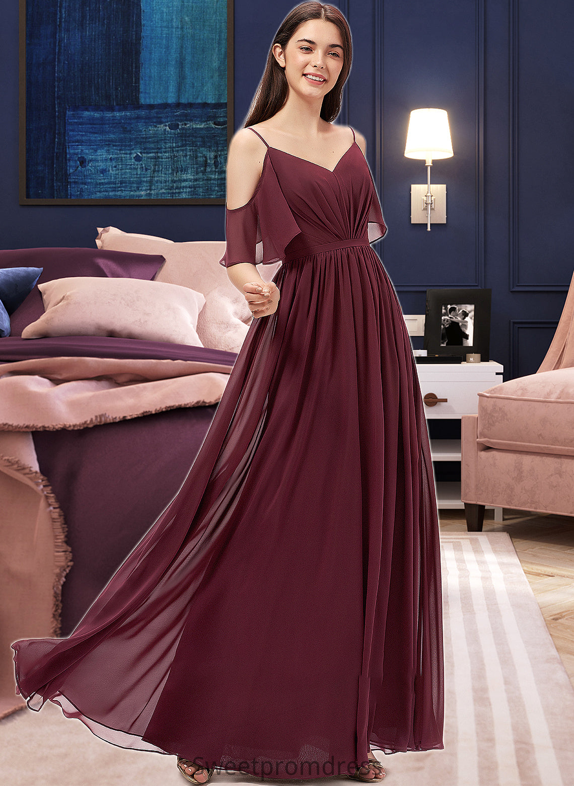 Serenity A-line V-Neck Floor-Length Chiffon Bridesmaid Dress With Ruffle DHP0013031