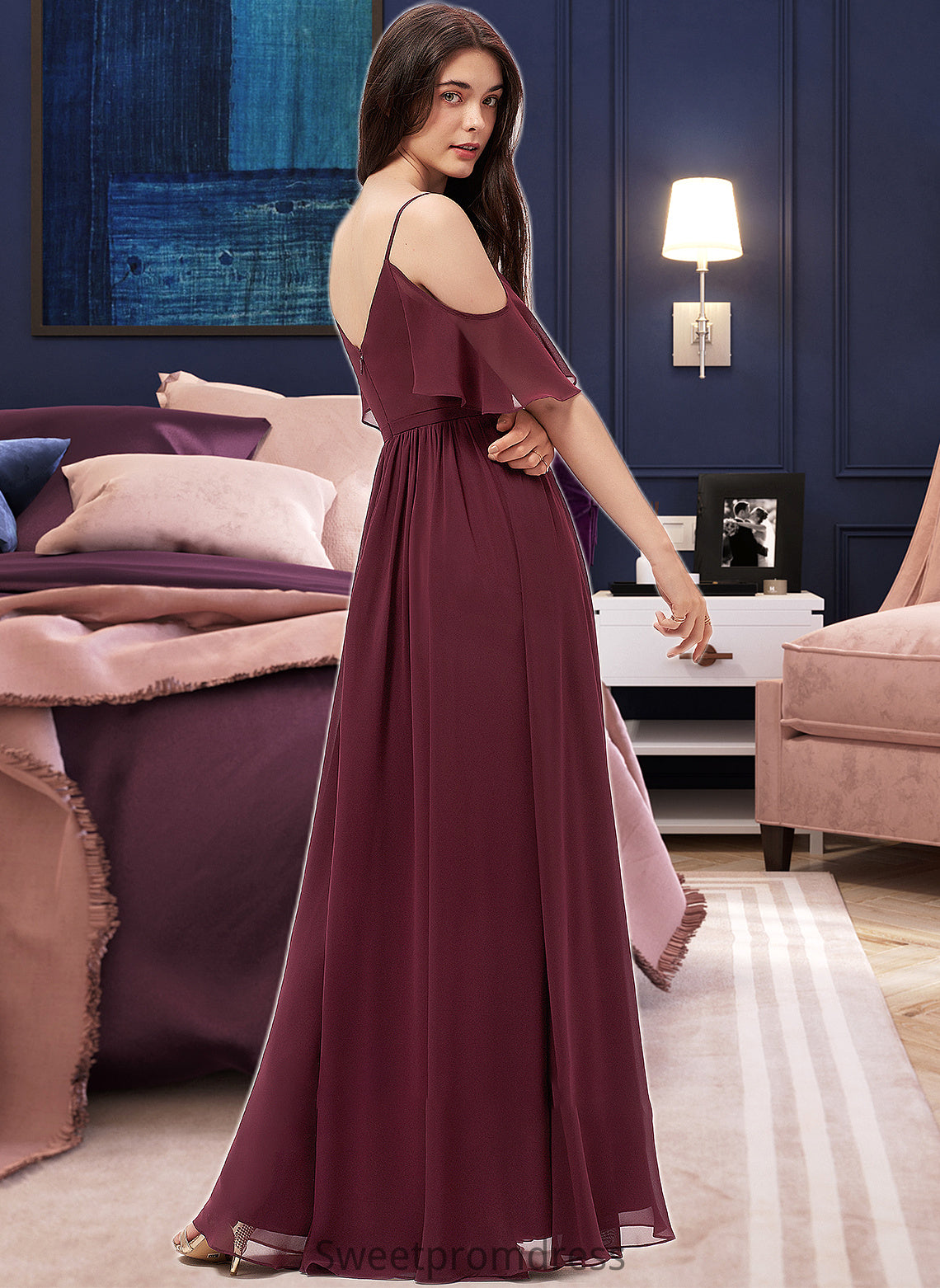 Serenity A-line V-Neck Floor-Length Chiffon Bridesmaid Dress With Ruffle DHP0013031