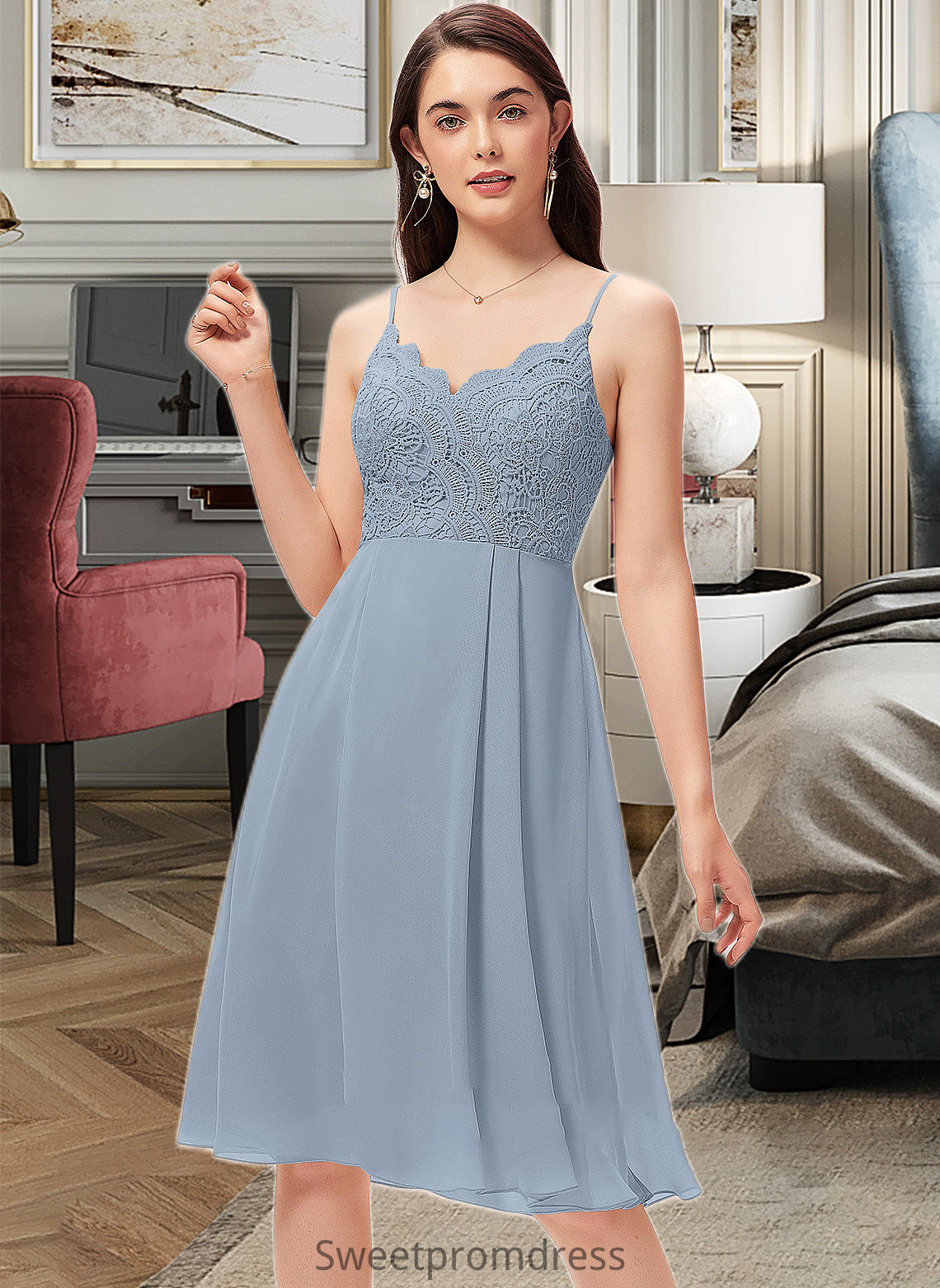 Poll A-Line V-neck Knee-Length Chiffon Lace Bridesmaid Dress DHP0013032