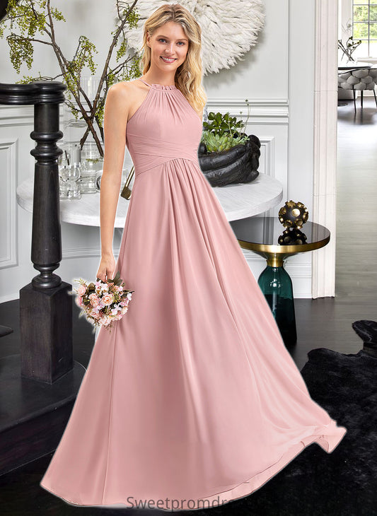 Lizbeth A-Line Scoop Neck Floor-Length Chiffon Bridesmaid Dress With Bow(s) Cascading Ruffles DHP0013033