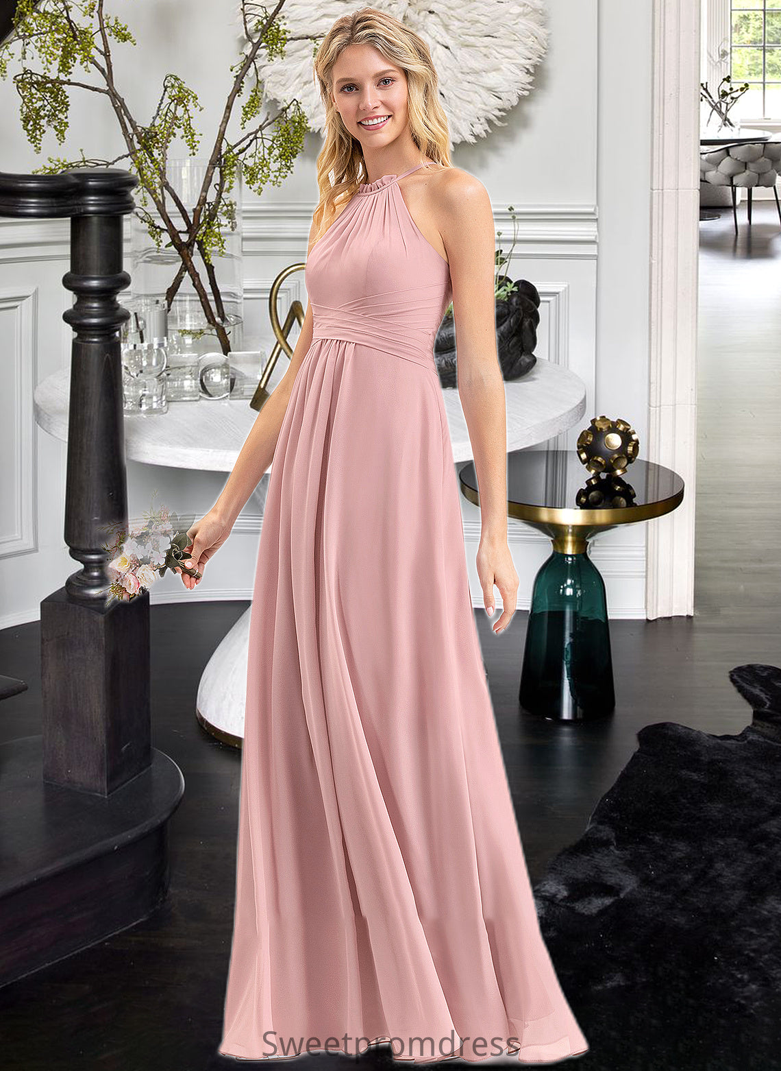 Lizbeth A-Line Scoop Neck Floor-Length Chiffon Bridesmaid Dress With Bow(s) Cascading Ruffles DHP0013033