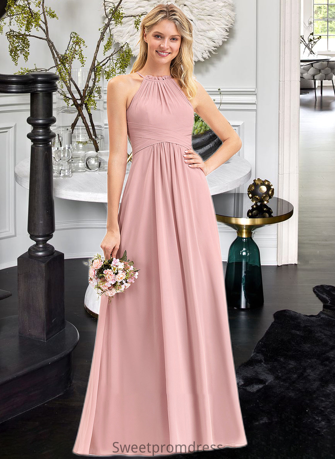 Lizbeth A-Line Scoop Neck Floor-Length Chiffon Bridesmaid Dress With Bow(s) Cascading Ruffles DHP0013033