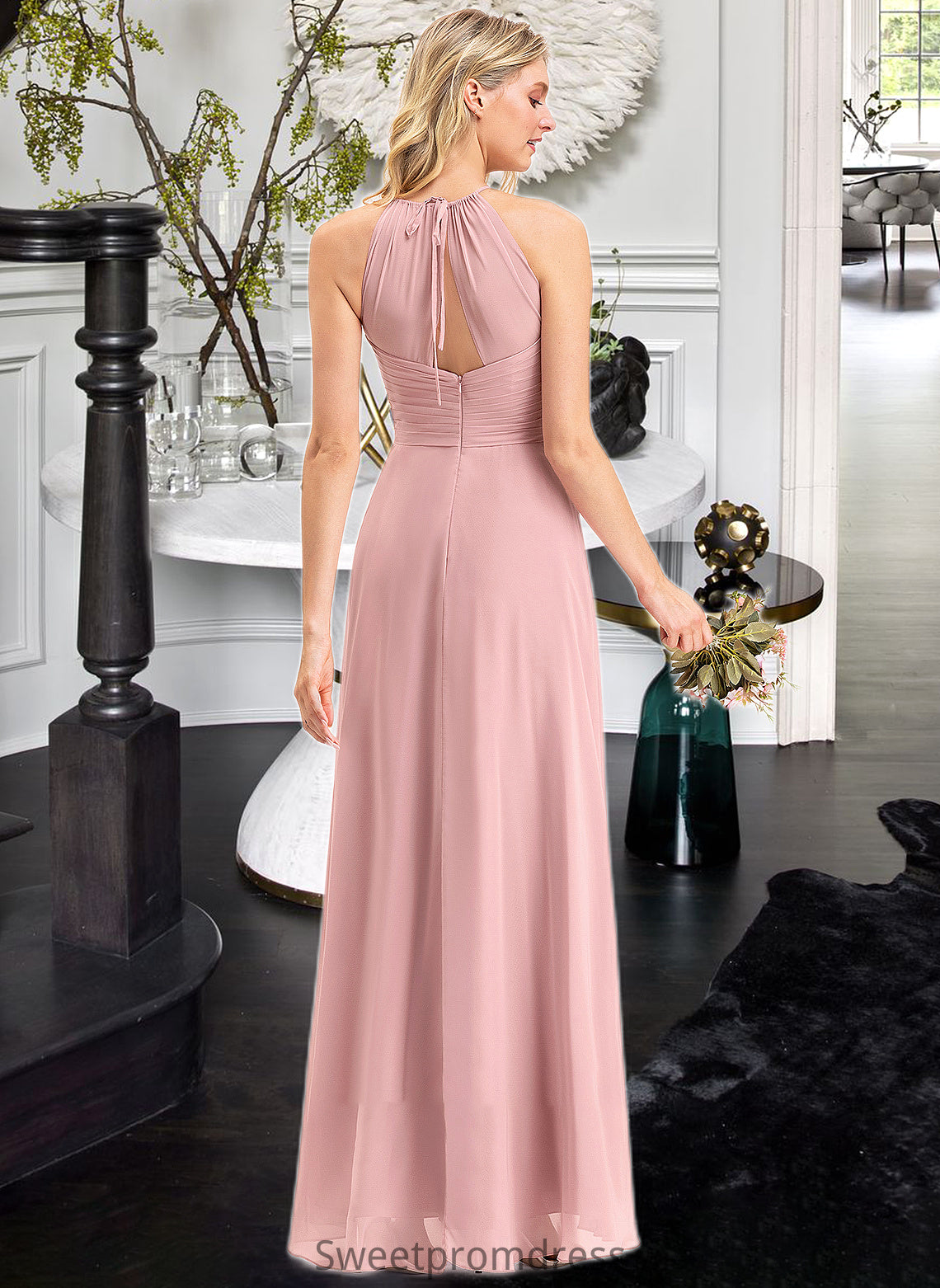 Lizbeth A-Line Scoop Neck Floor-Length Chiffon Bridesmaid Dress With Bow(s) Cascading Ruffles DHP0013033