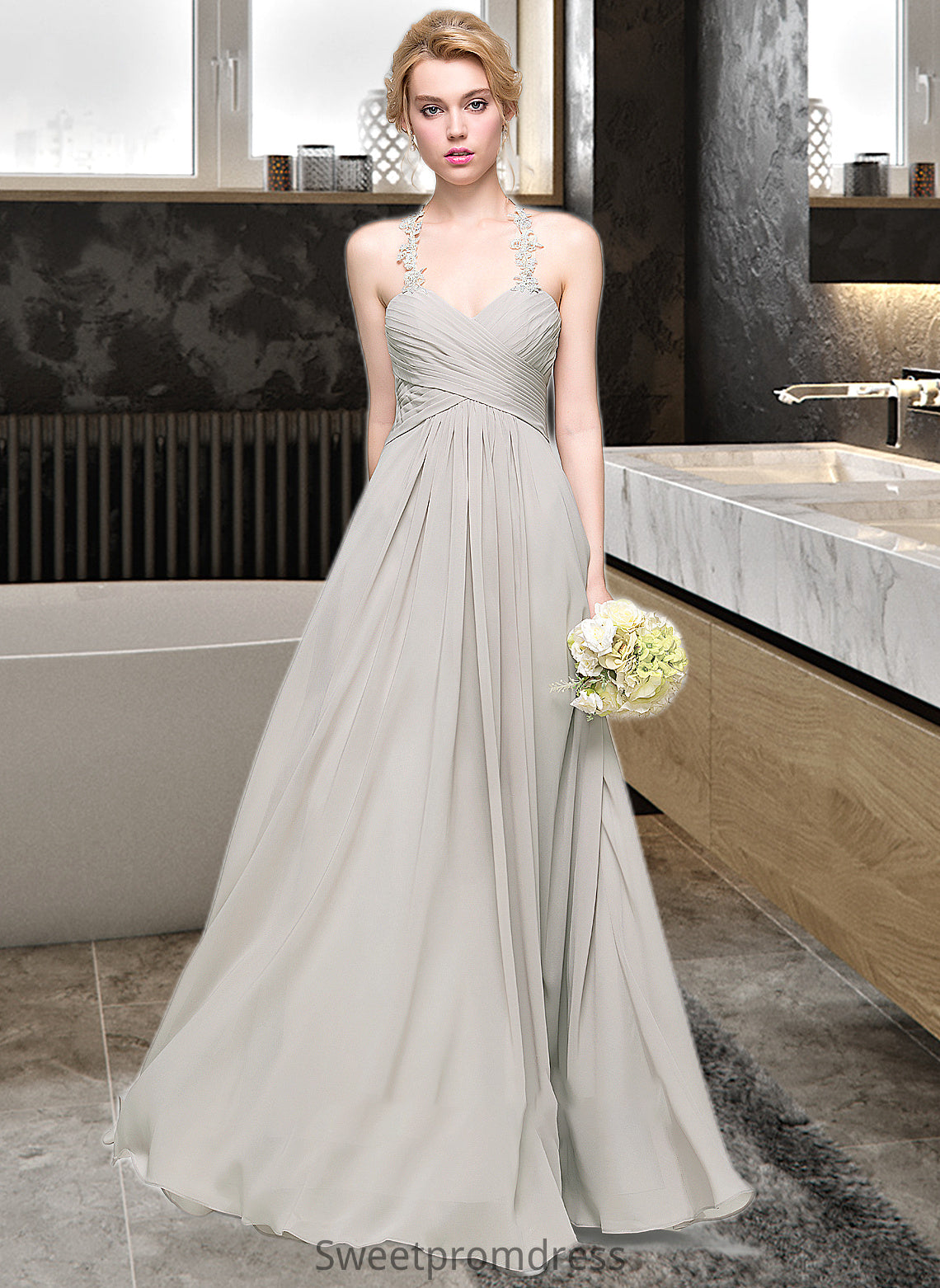 Ruby A-Line Sweetheart Floor-Length Chiffon Bridesmaid Dress With Ruffle DHP0013034