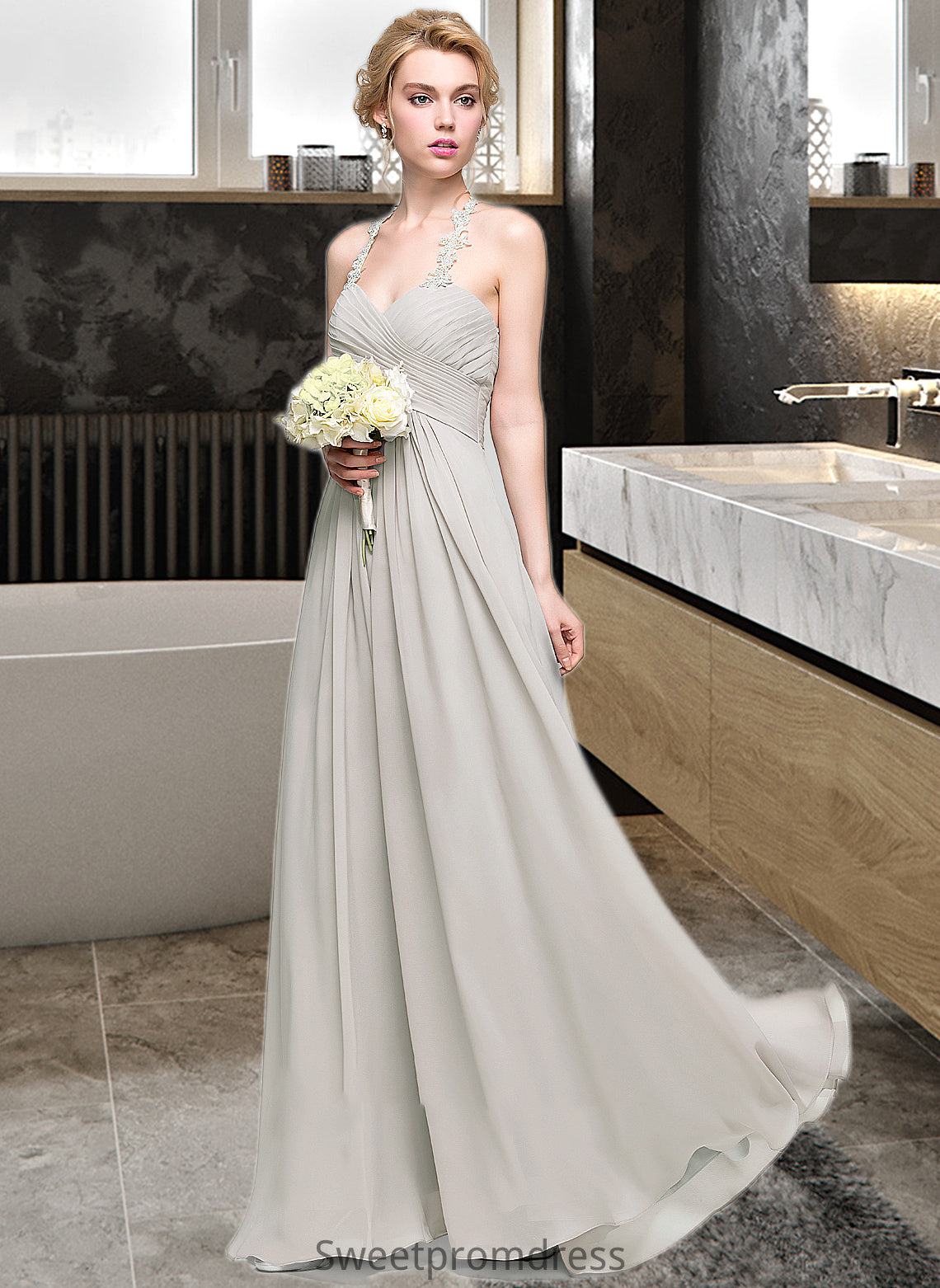 Ruby A-Line Sweetheart Floor-Length Chiffon Bridesmaid Dress With Ruffle DHP0013034