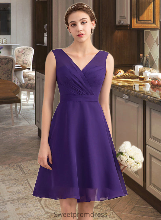 Anna A-Line V-neck Knee-Length Chiffon Bridesmaid Dress With Ruffle DHP0013039