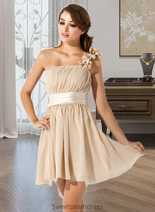 Alessandra A-Line/Princess One-Shoulder Short/Mini Chiffon Bridesmaid Dress With Ruffle Flower(s) Bow(s) DHP0013040