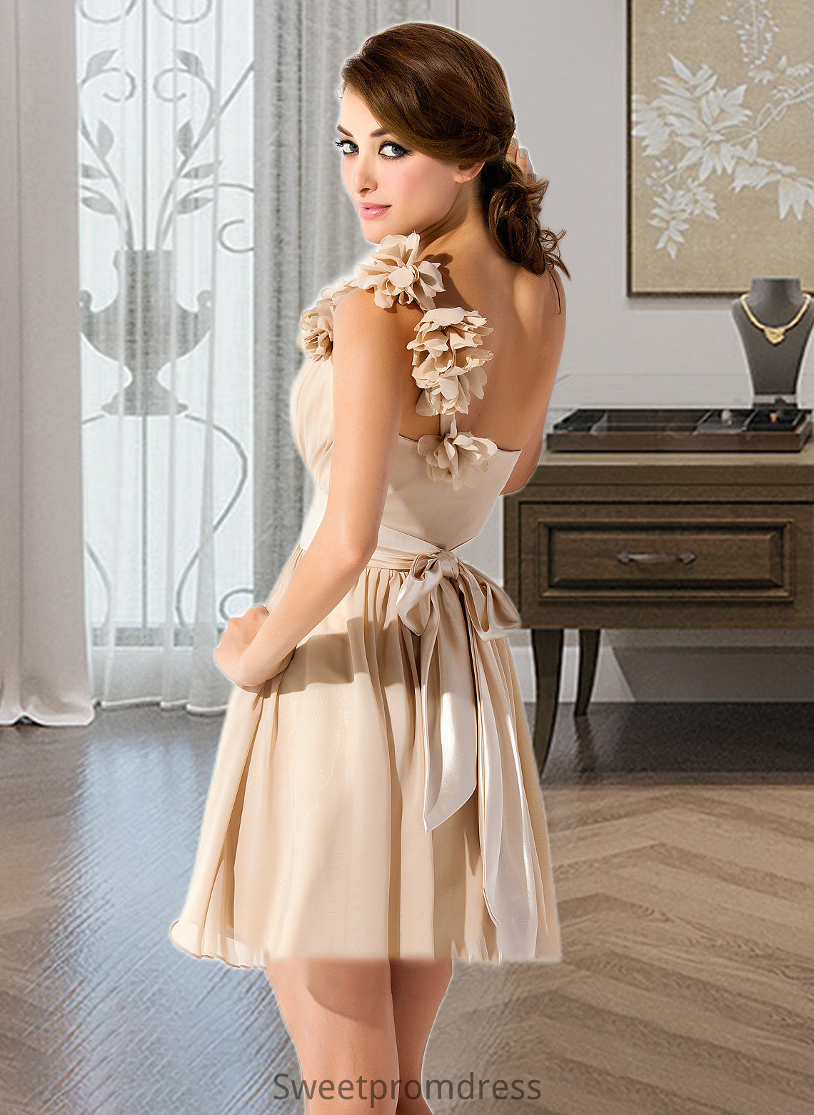 Alessandra A-Line/Princess One-Shoulder Short/Mini Chiffon Bridesmaid Dress With Ruffle Flower(s) Bow(s) DHP0013040