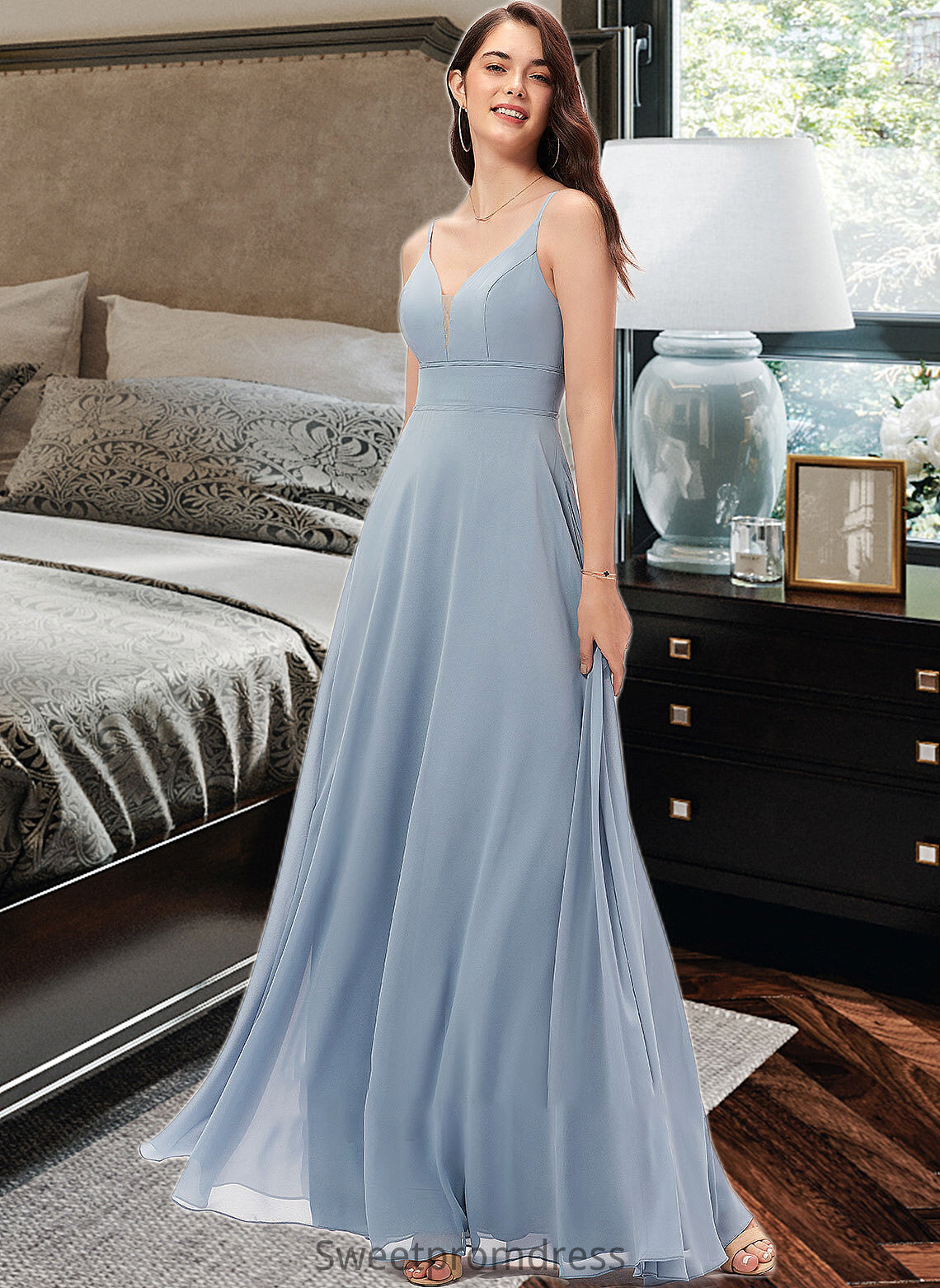 Rhoda A-line V-Neck Floor-Length Chiffon Bridesmaid Dress DHP0013043