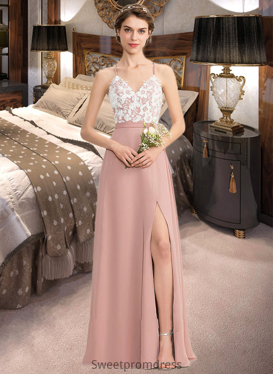 Kaley A-Line V-neck Floor-Length Chiffon Lace Bridesmaid Dress With Split Front DHP0013045