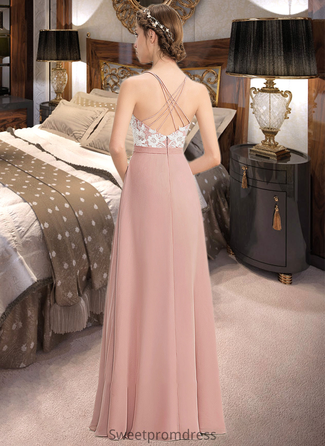 Kaley A-Line V-neck Floor-Length Chiffon Lace Bridesmaid Dress With Split Front DHP0013045