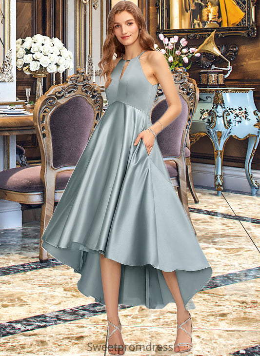 Bailee A-Line Scoop Neck Asymmetrical Satin Bridesmaid Dress With Pockets DHP0013050