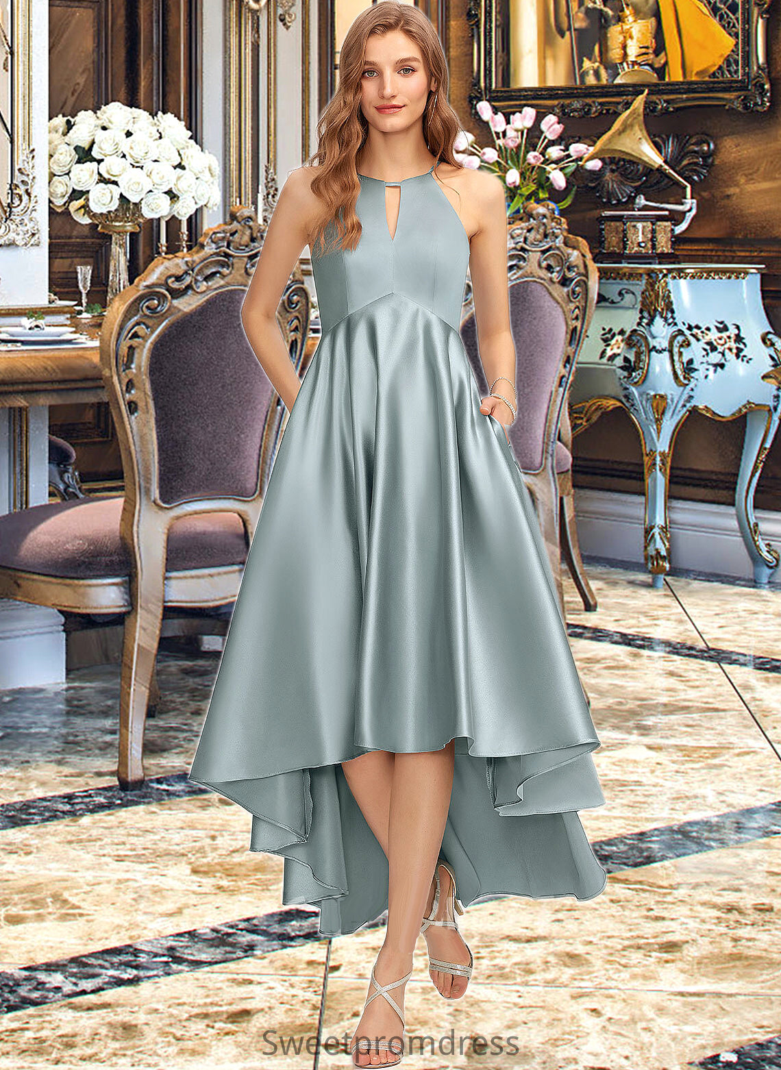 Bailee A-Line Scoop Neck Asymmetrical Satin Bridesmaid Dress With Pockets DHP0013050