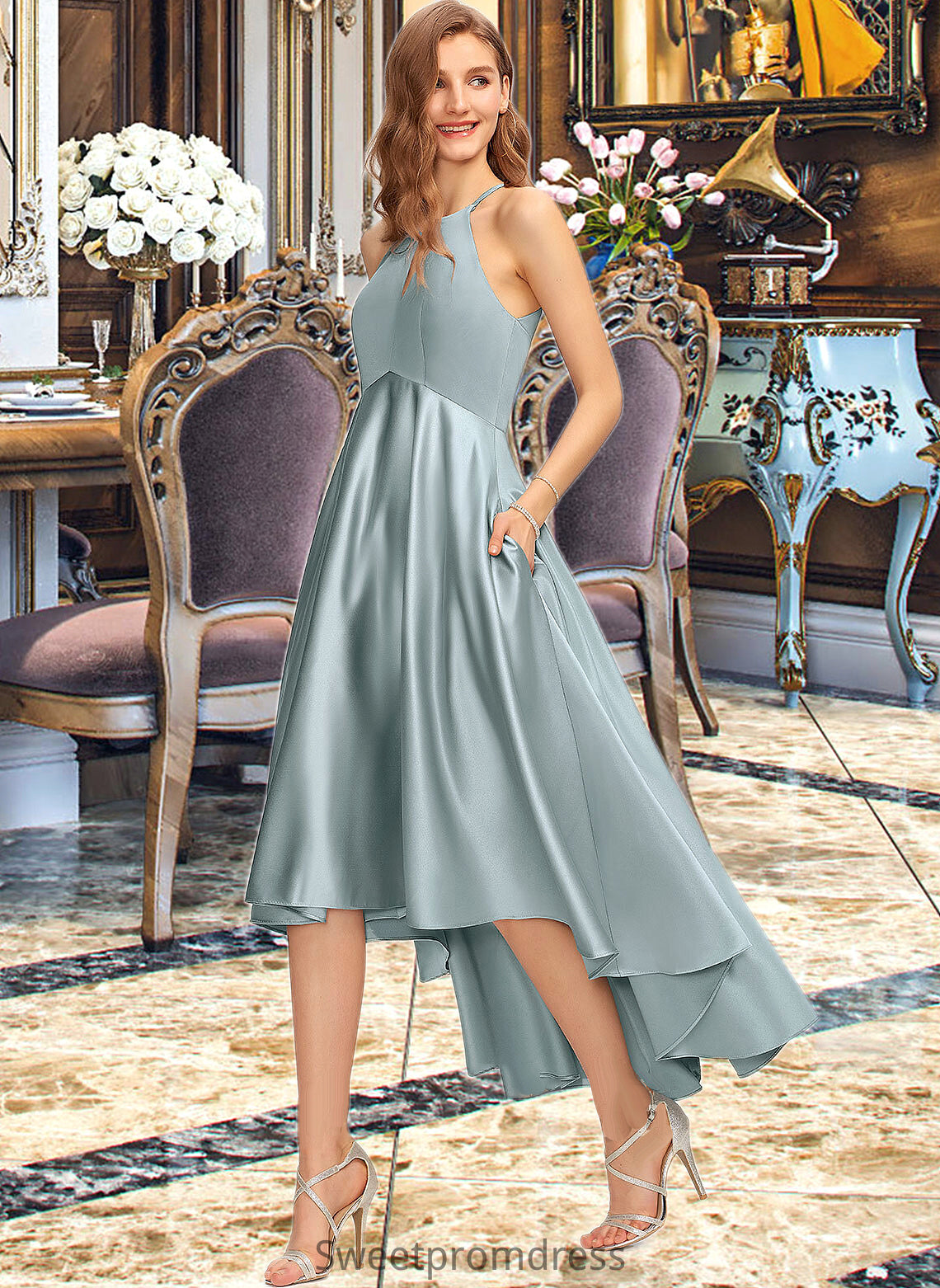 Bailee A-Line Scoop Neck Asymmetrical Satin Bridesmaid Dress With Pockets DHP0013050