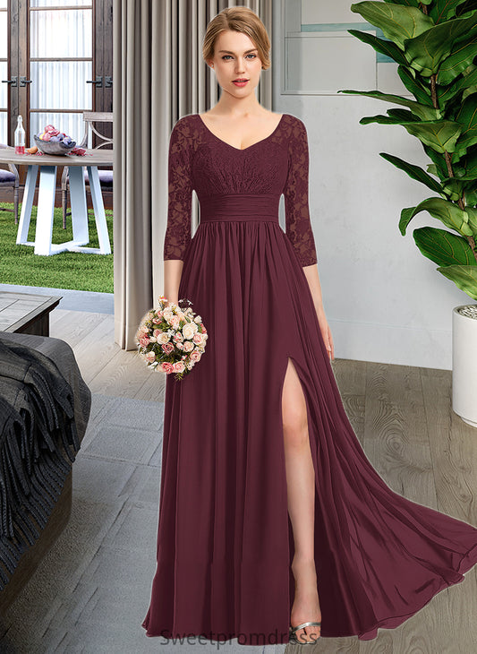 Yvonne A-Line V-neck Floor-Length Chiffon Lace Bridesmaid Dress With Ruffle Split Front DHP0013051