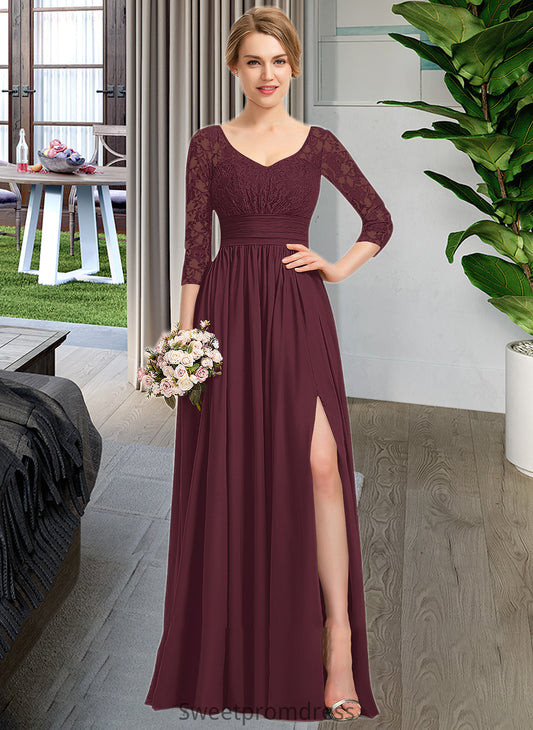 Yvonne A-Line V-neck Floor-Length Chiffon Lace Bridesmaid Dress With Ruffle Split Front DHP0013051